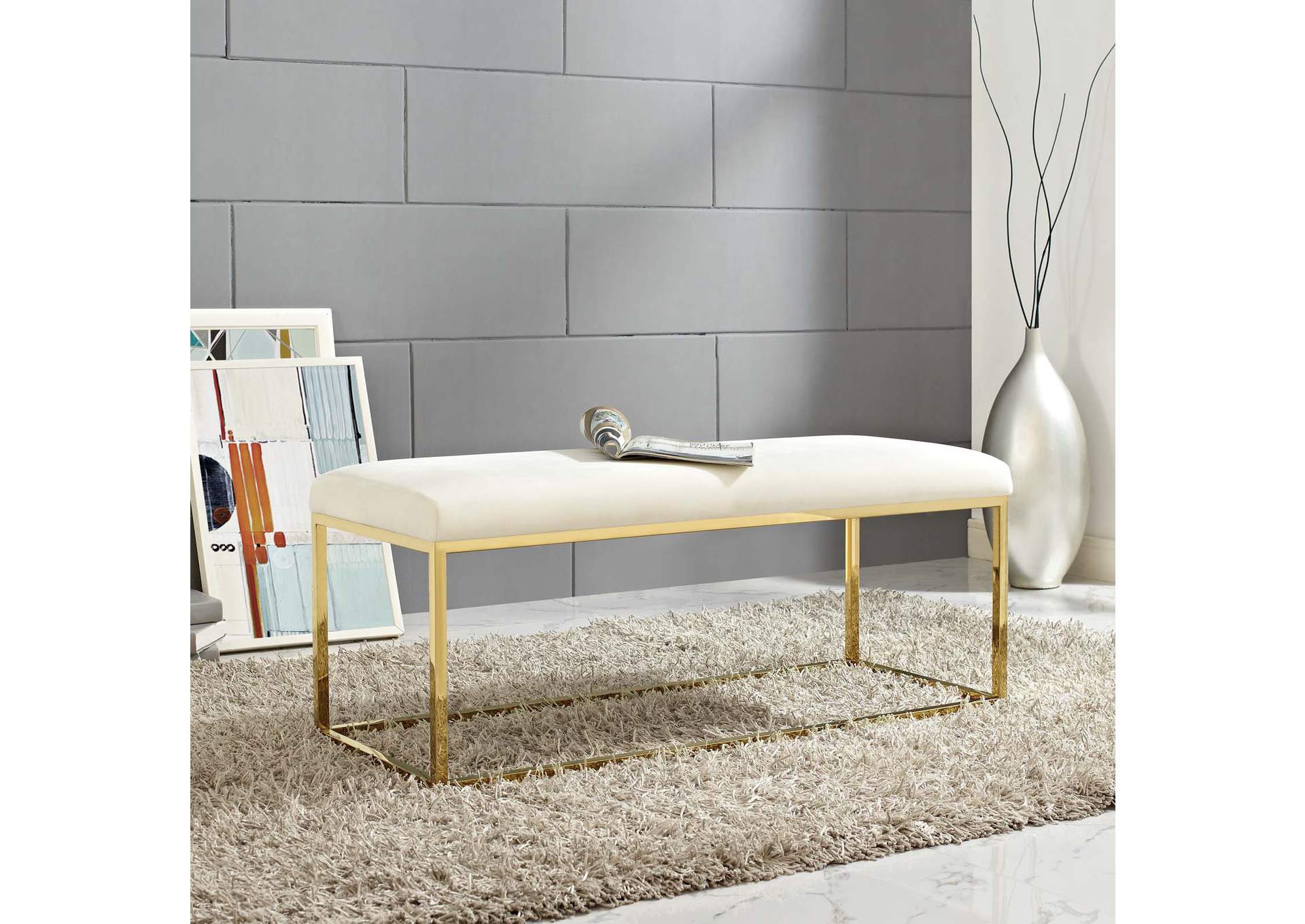 Gold Ivory Anticipate Fabric Bench,Modway