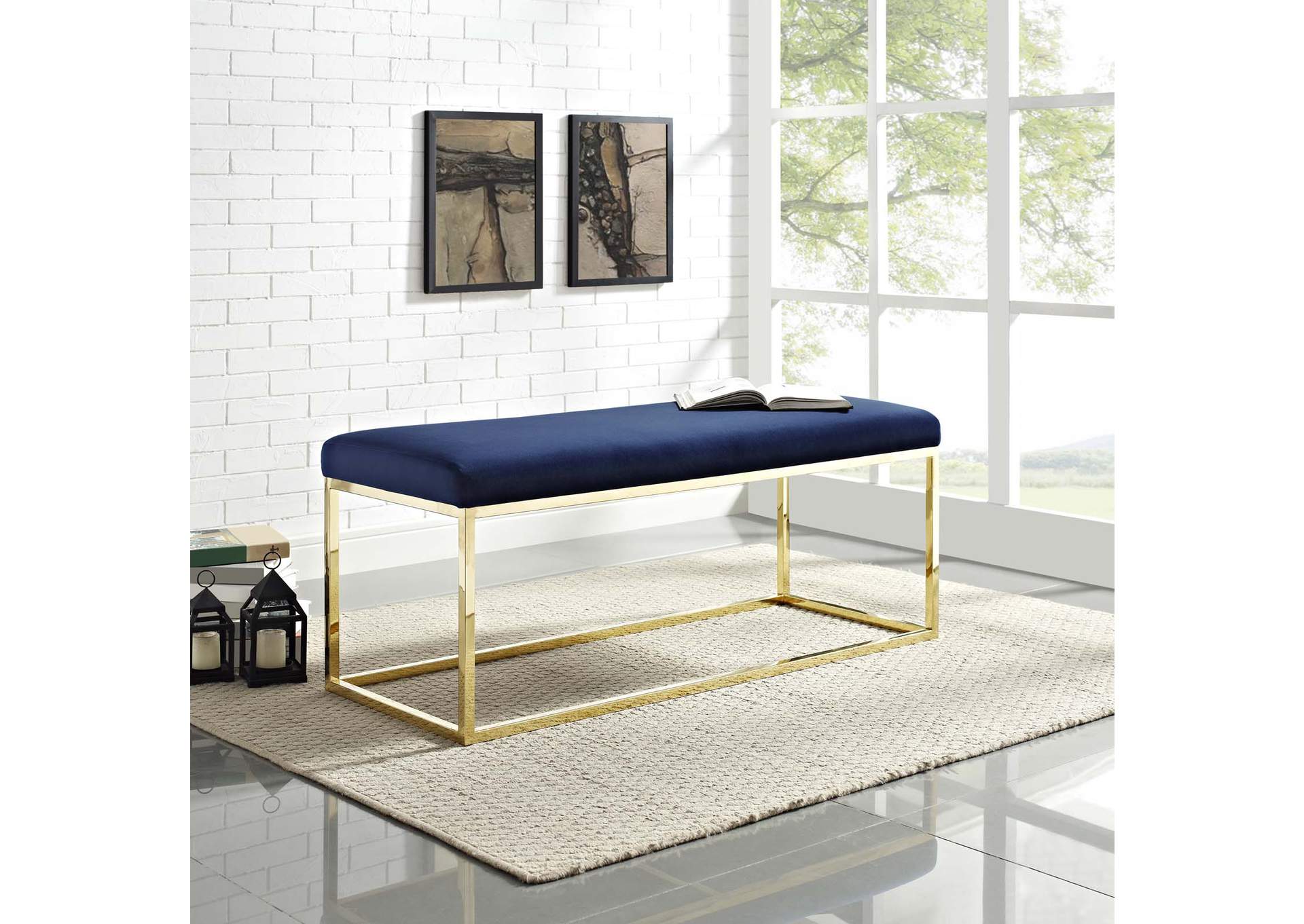 Gold Navy Anticipate Fabric Bench,Modway