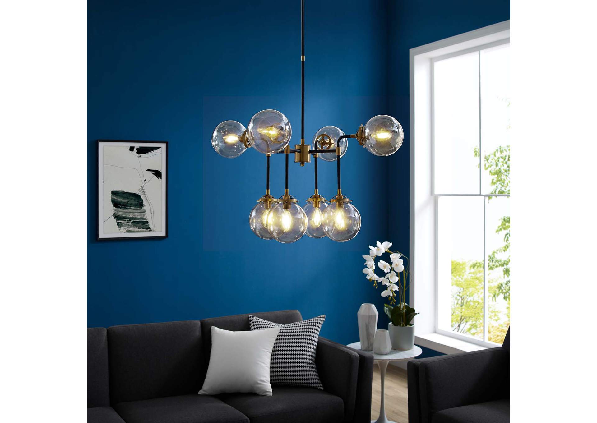 Ambition Amber Glass And Antique Brass 8 Light Pendant Chandelier,Modway