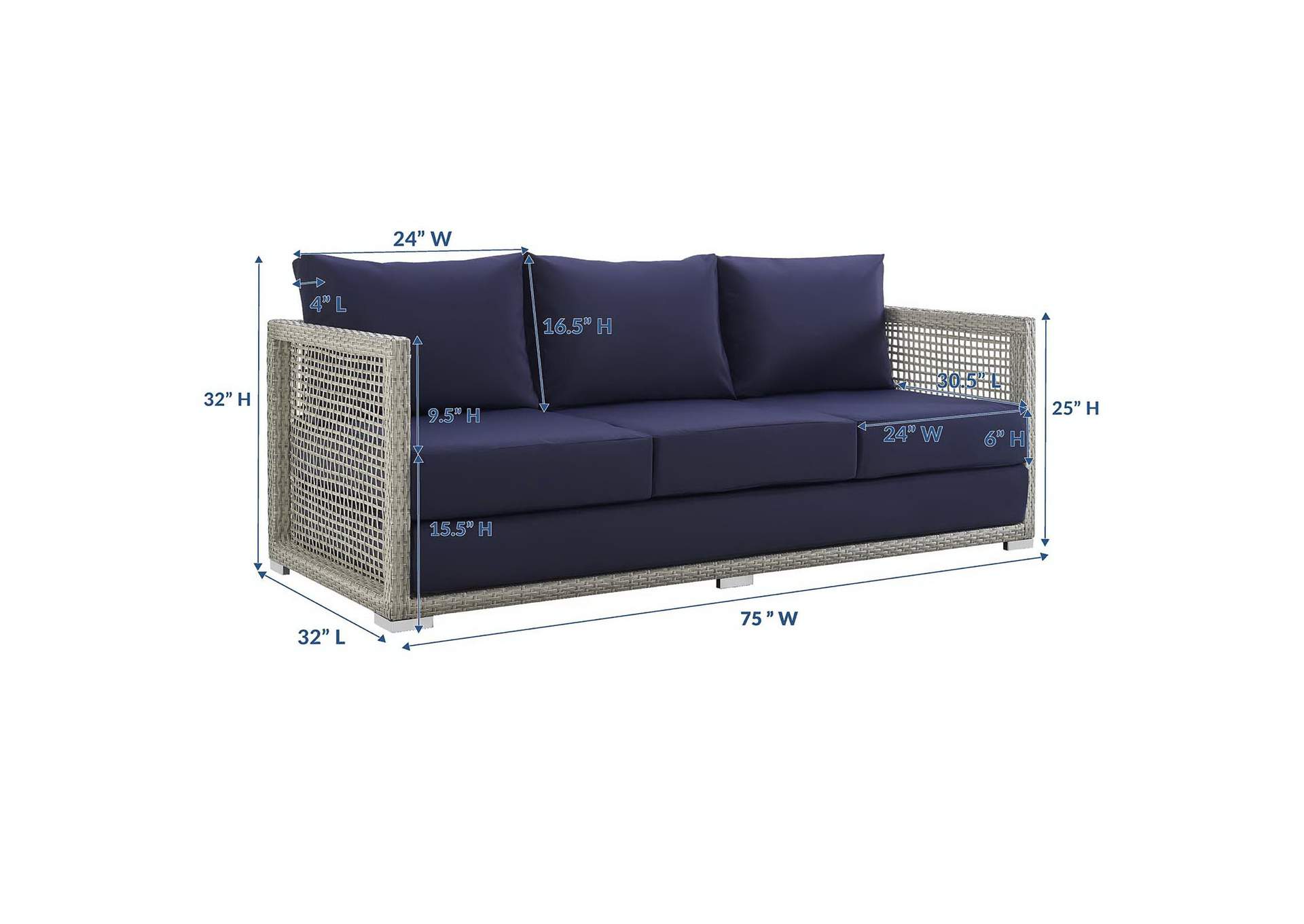 Gray Navy Aura Outdoor Patio Wicker Rattan Sofa,Modway