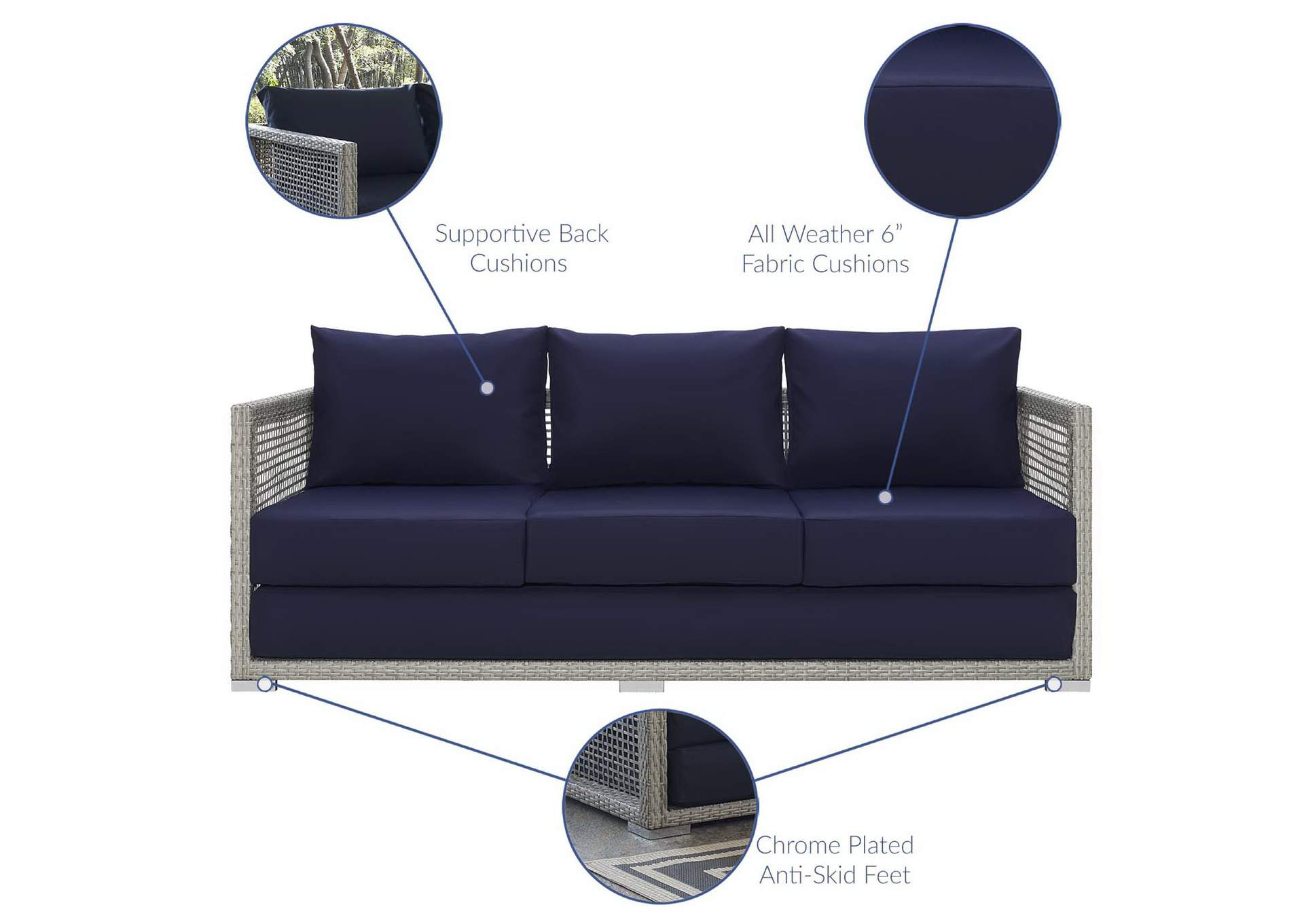Gray Navy Aura Outdoor Patio Wicker Rattan Sofa,Modway