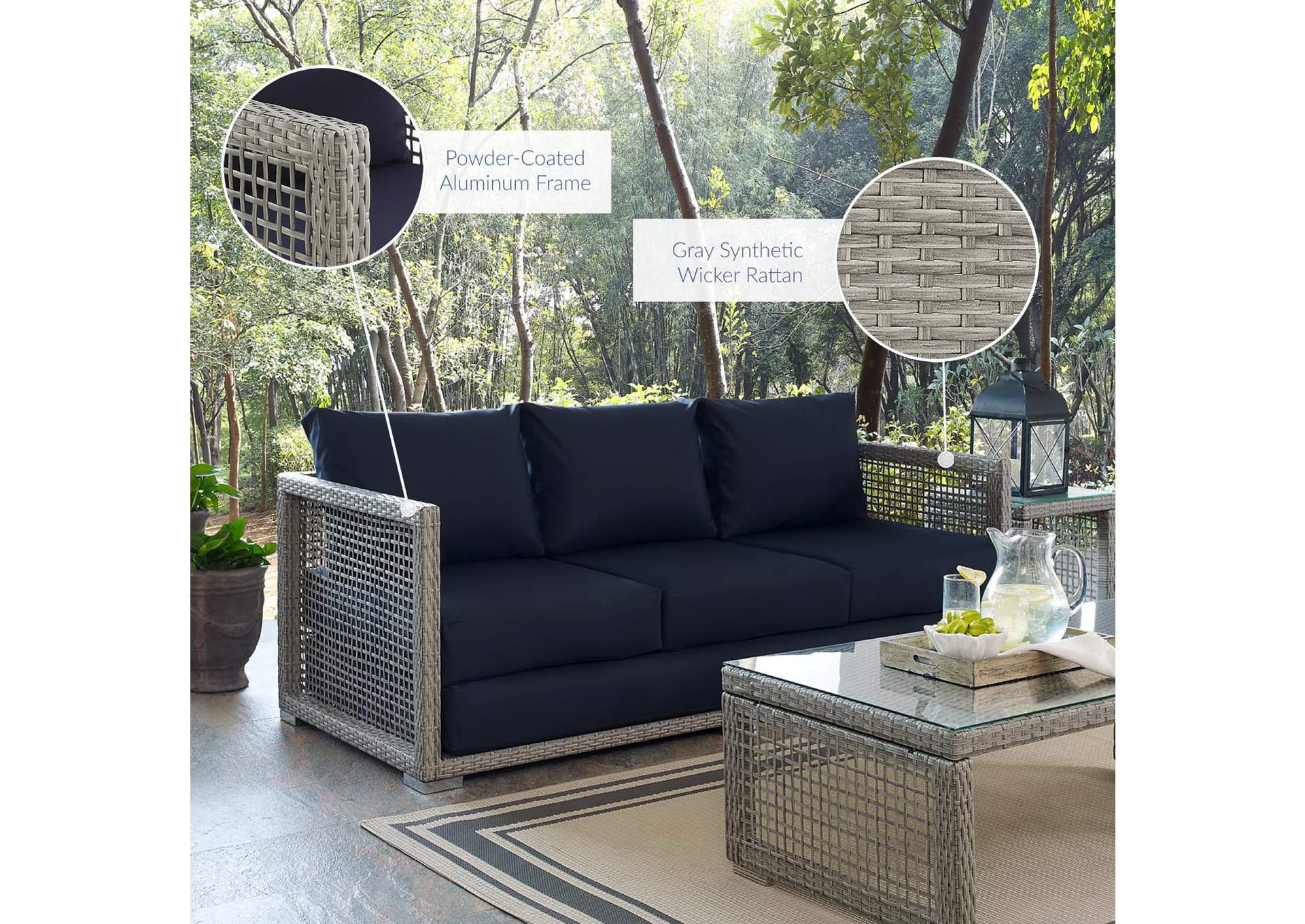 Gray Navy Aura Outdoor Patio Wicker Rattan Sofa,Modway