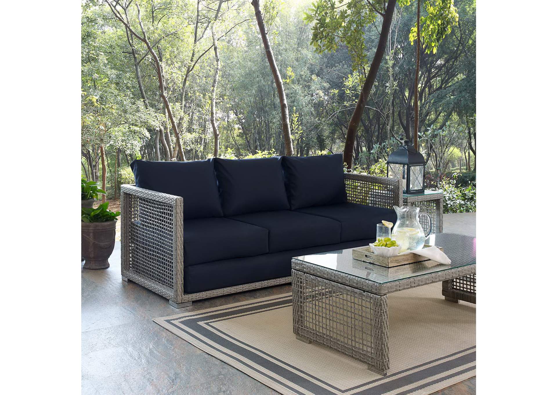 Gray Navy Aura Outdoor Patio Wicker Rattan Sofa,Modway