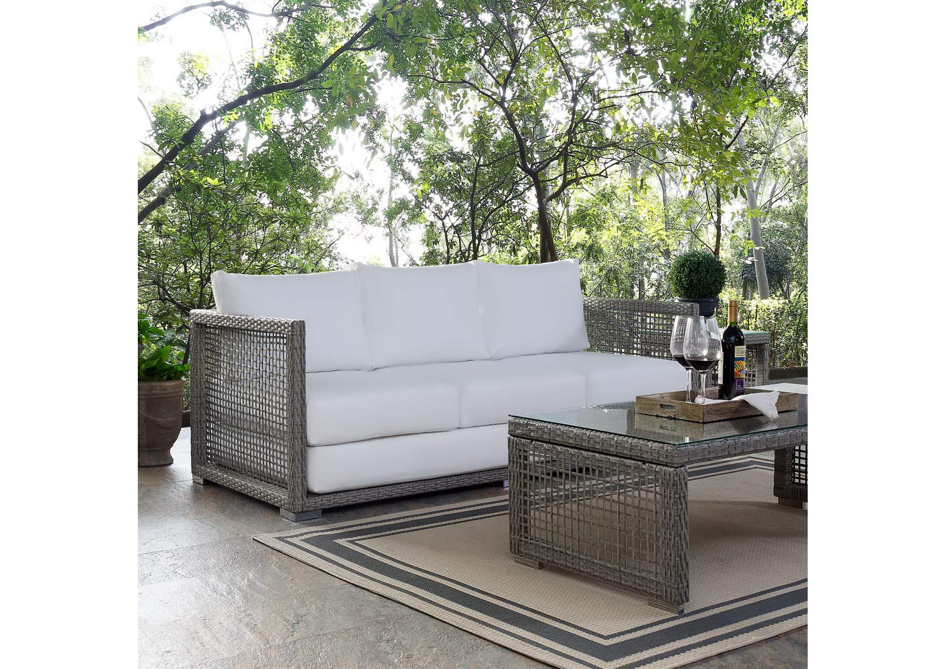 Gray White Aura Outdoor Patio Wicker Rattan Sofa,Modway