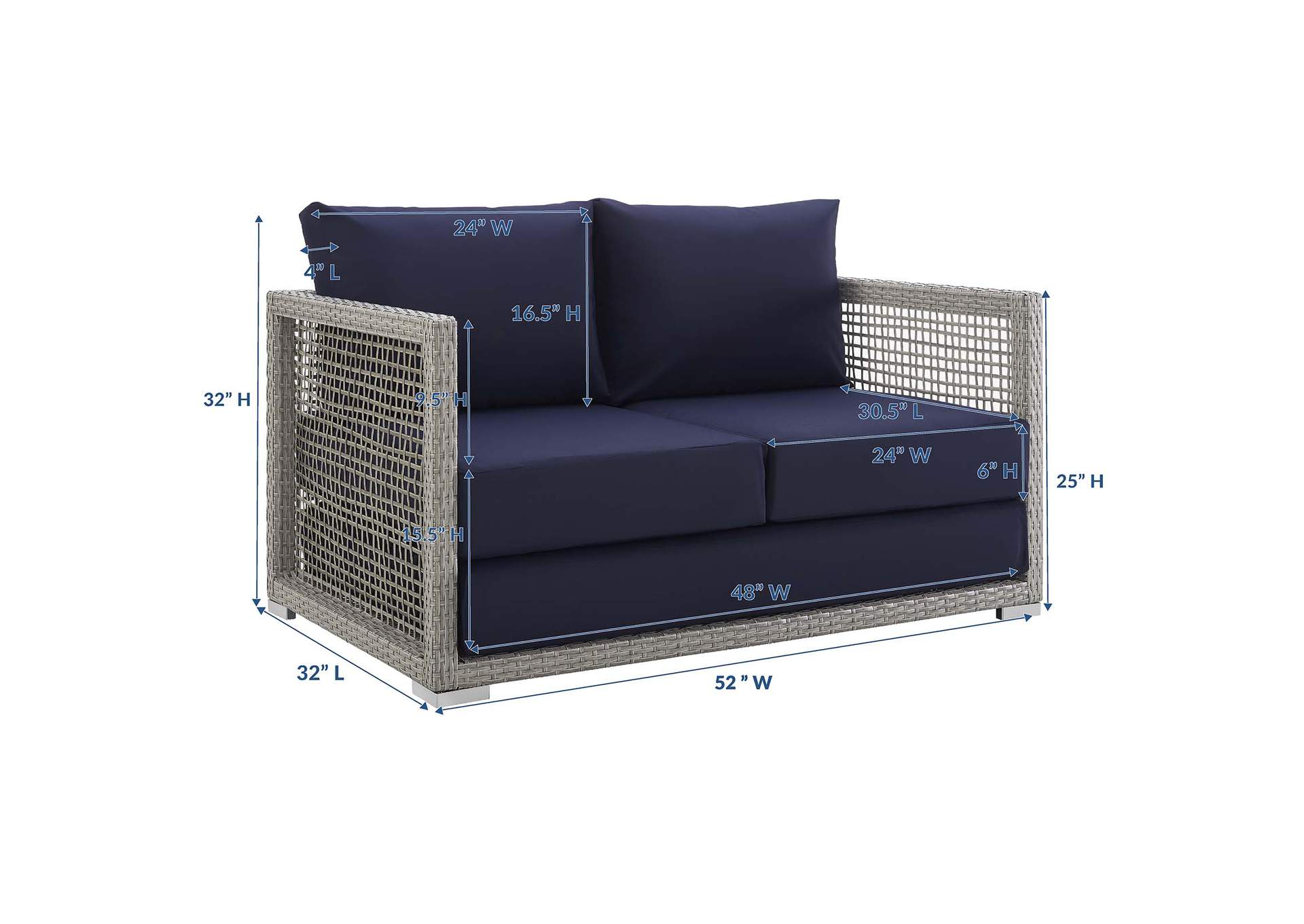 Gray Navy Aura Outdoor Patio Wicker Rattan Loveseat,Modway