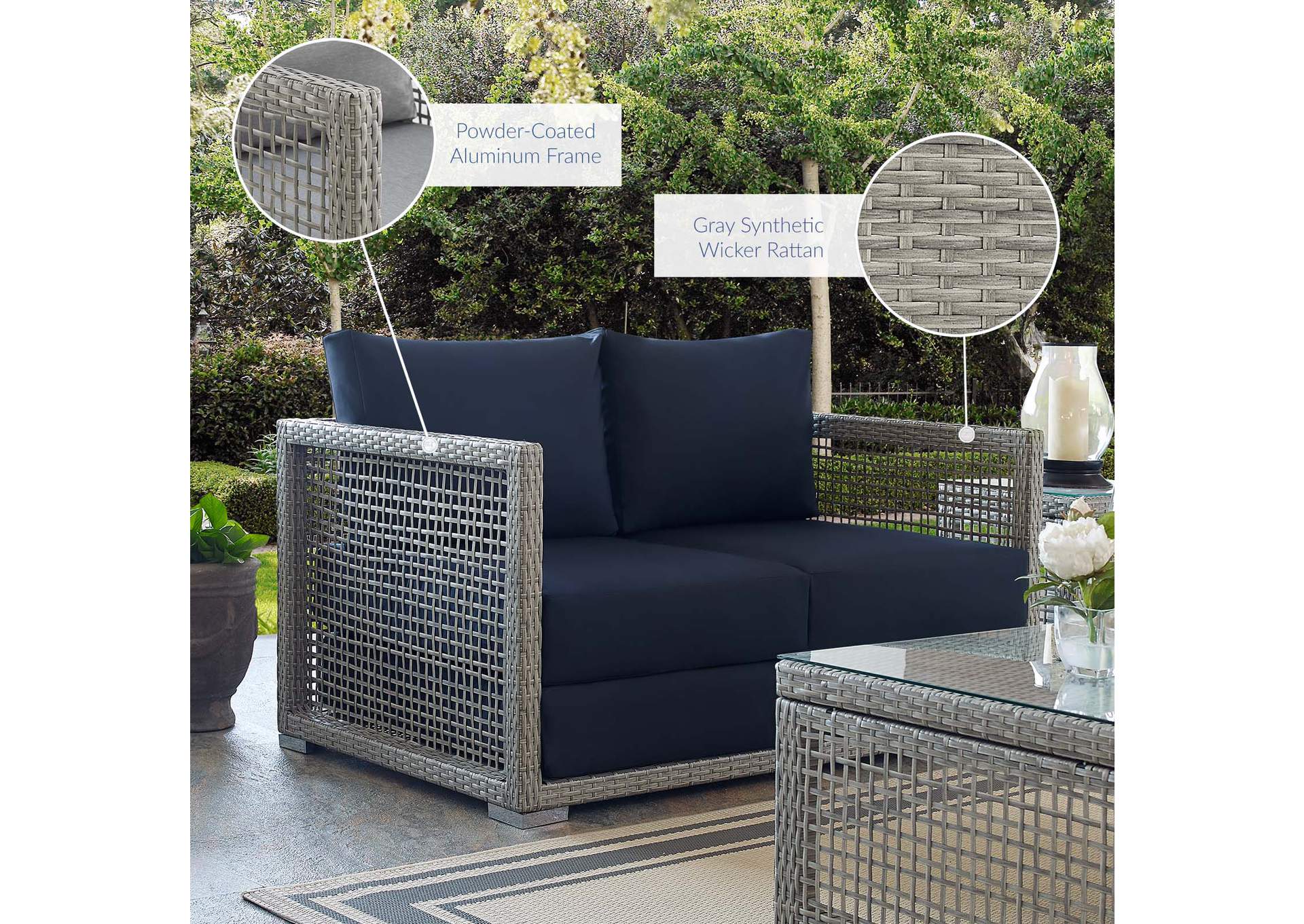 Gray Navy Aura Outdoor Patio Wicker Rattan Loveseat,Modway