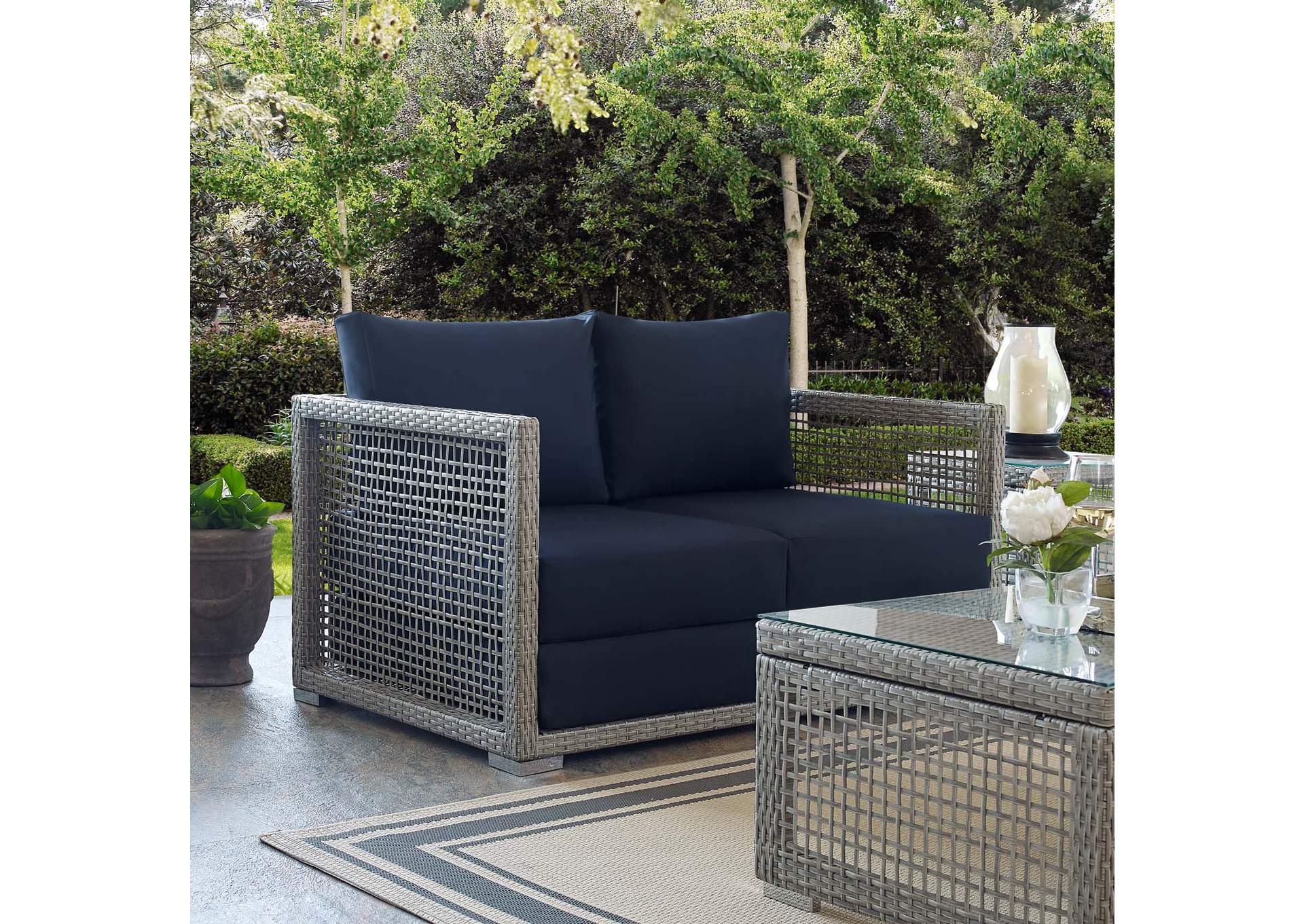 Gray Navy Aura Outdoor Patio Wicker Rattan Loveseat,Modway