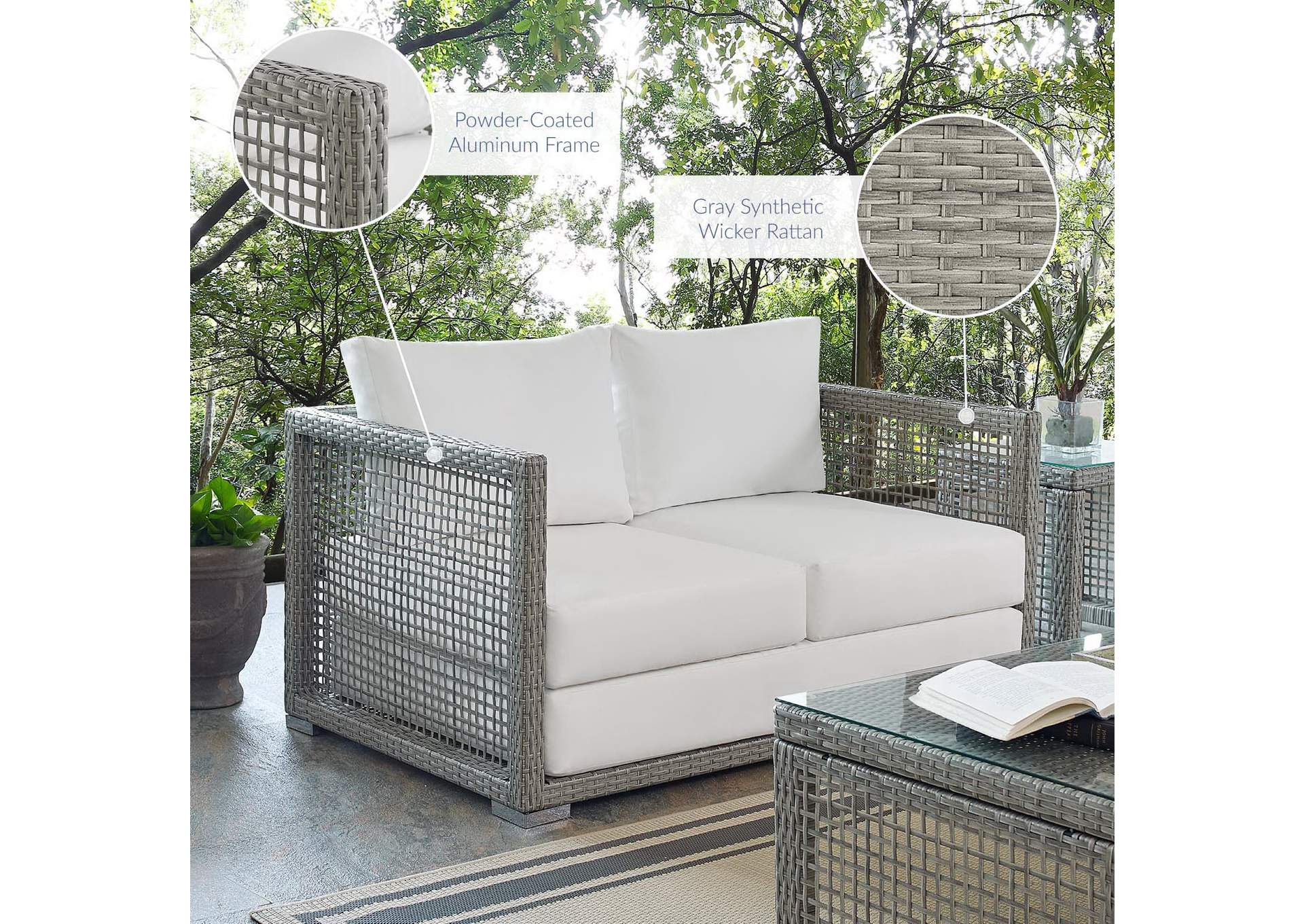 Gray White Aura Outdoor Patio Wicker Rattan Loveseat,Modway