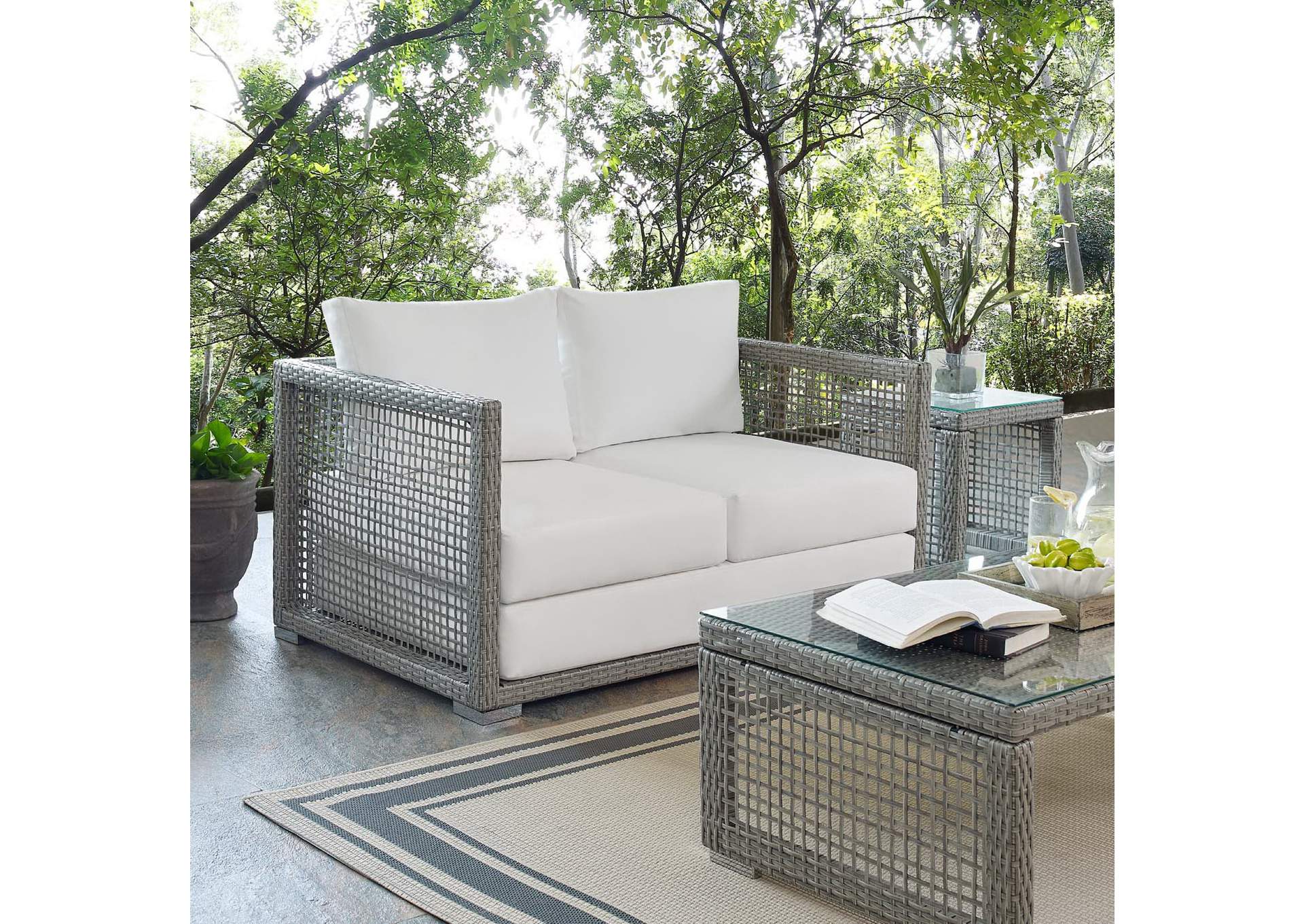 Gray White Aura Outdoor Patio Wicker Rattan Loveseat,Modway