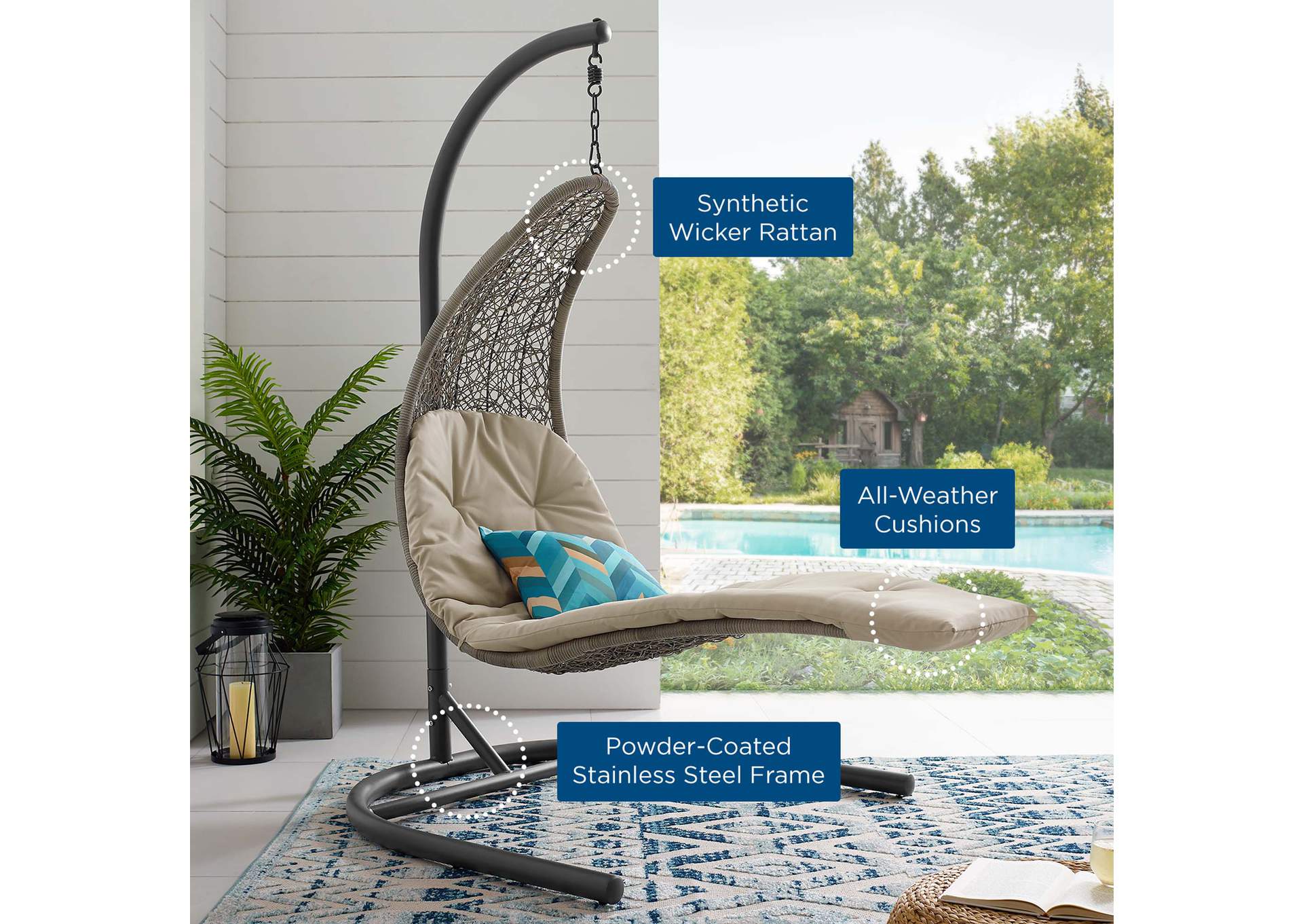 Light Gray Beige Landscape Hanging Chaise Lounge Outdoor Patio Swing Chair,Modway