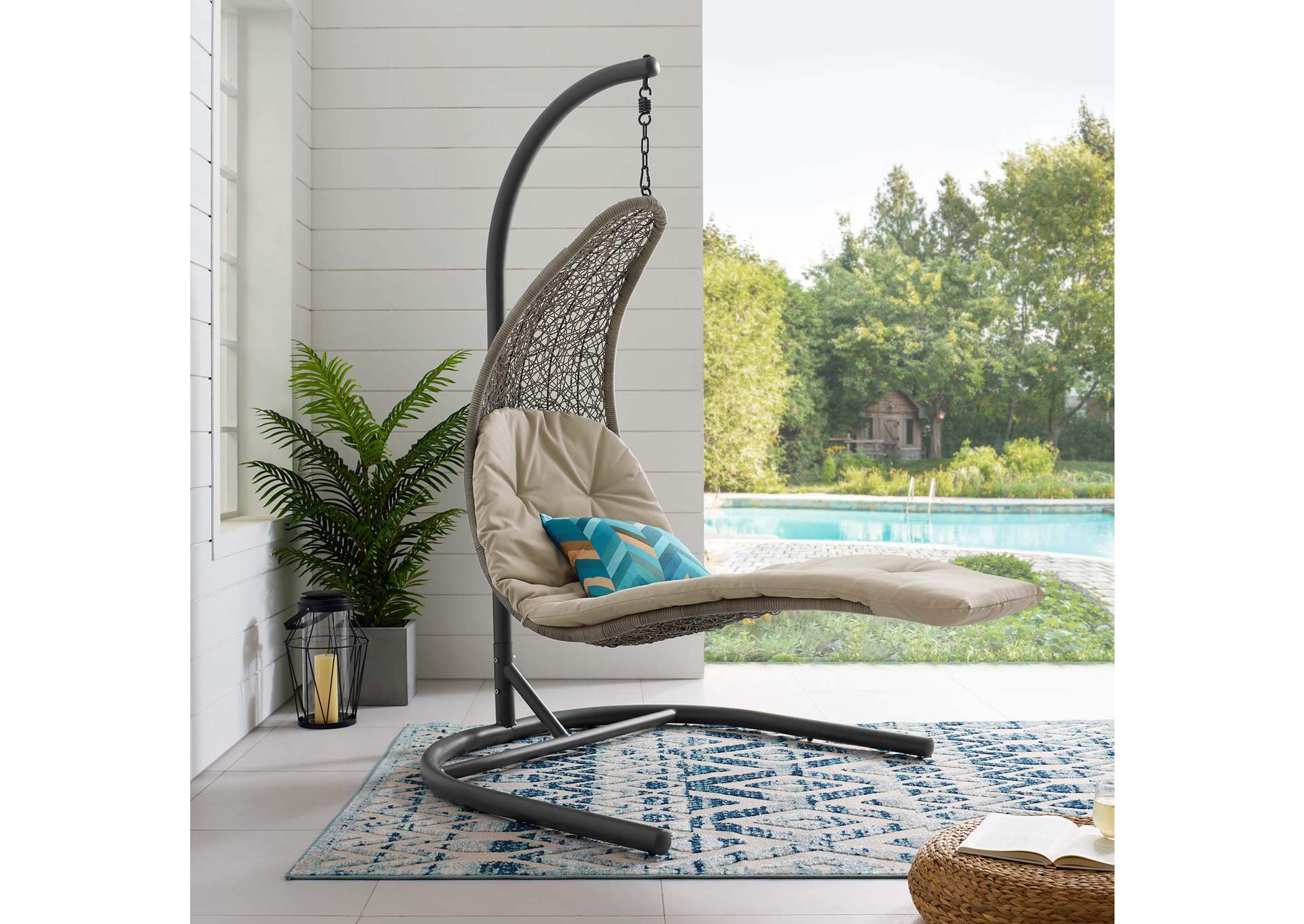 Light Gray Beige Landscape Hanging Chaise Lounge Outdoor Patio Swing Chair,Modway