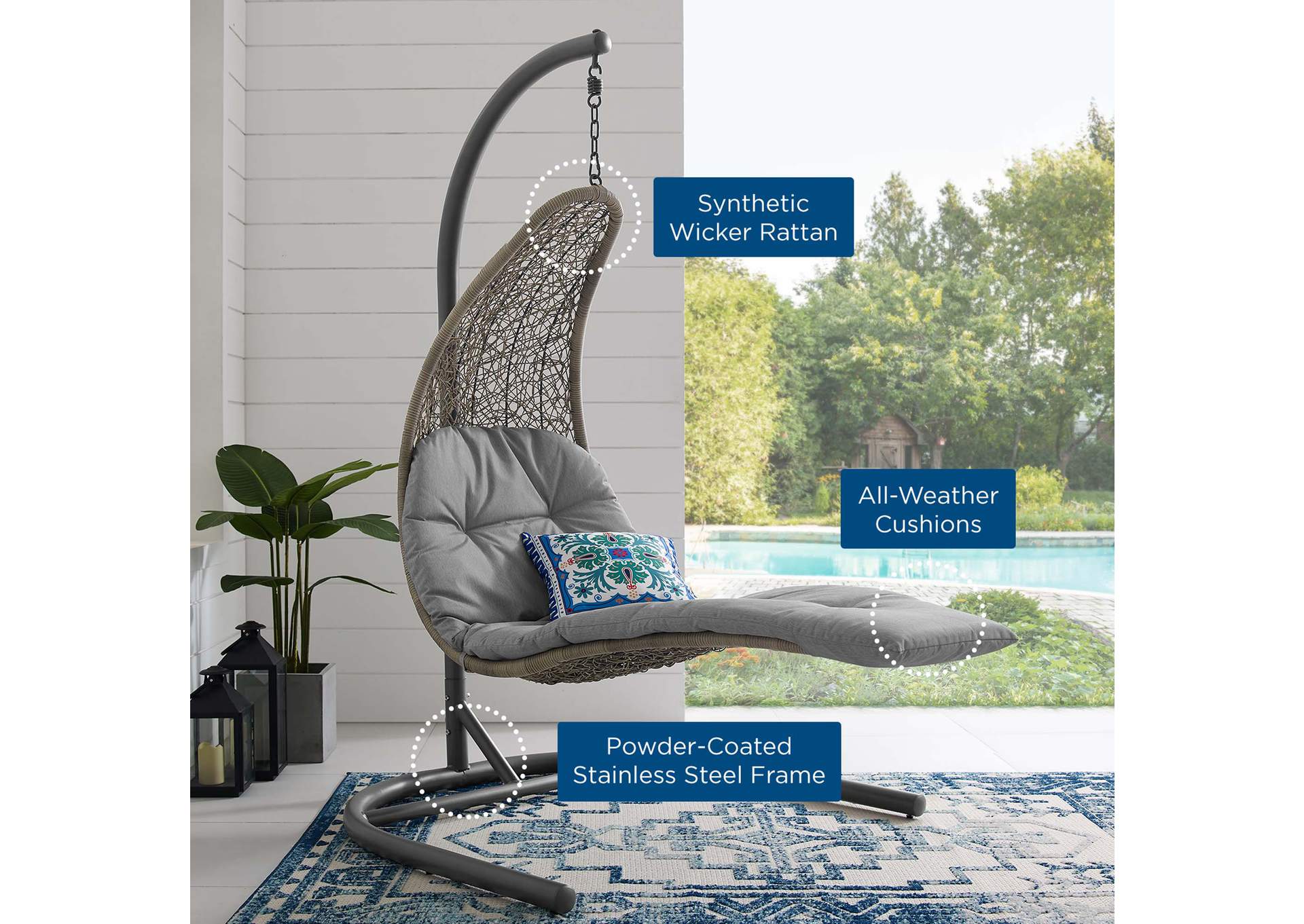 Light Gray Gray Landscape Hanging Chaise Lounge Outdoor Patio Swing Chair,Modway