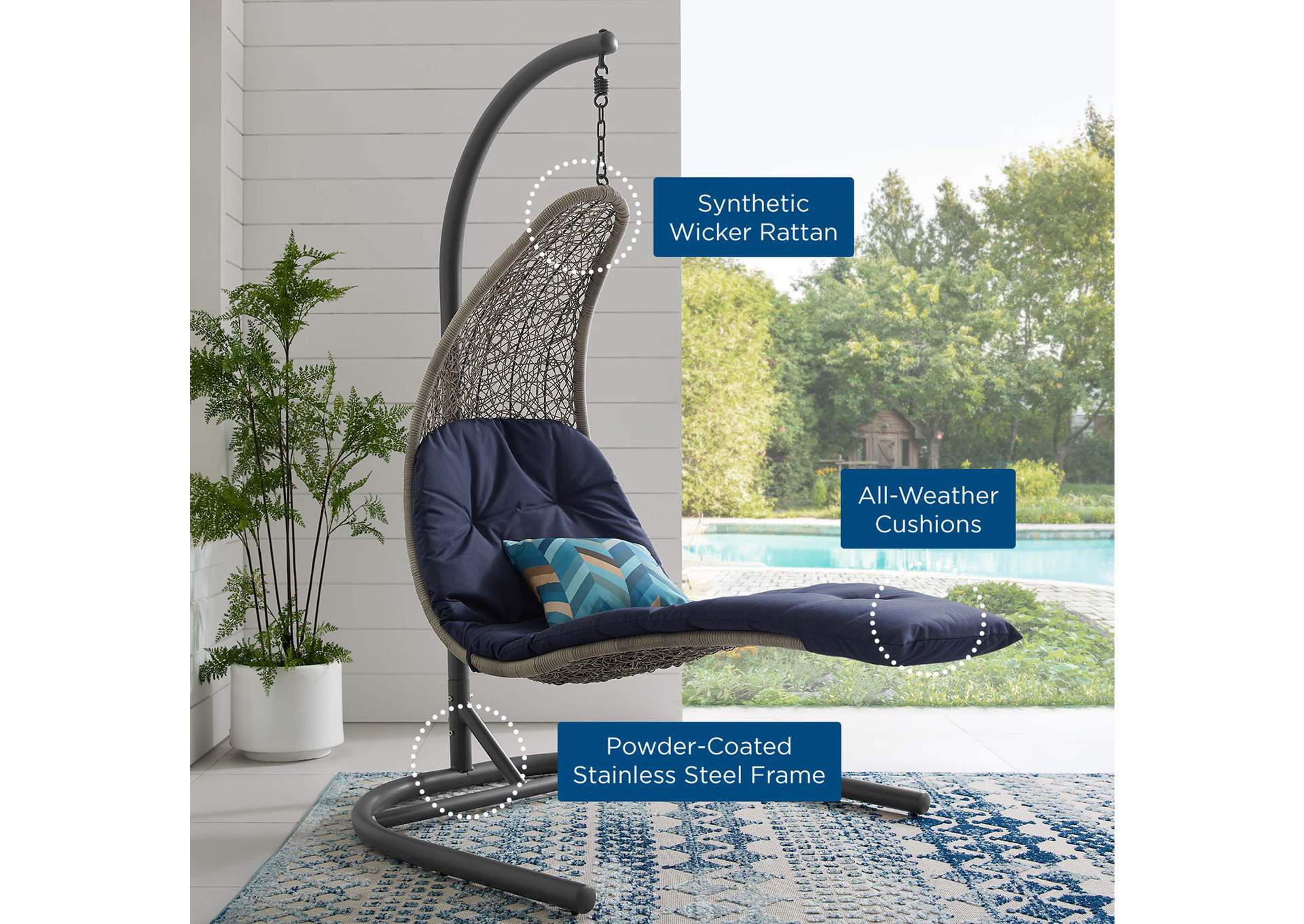 Light Gray Navy Landscape Hanging Chaise Lounge Outdoor Patio Swing Chair,Modway