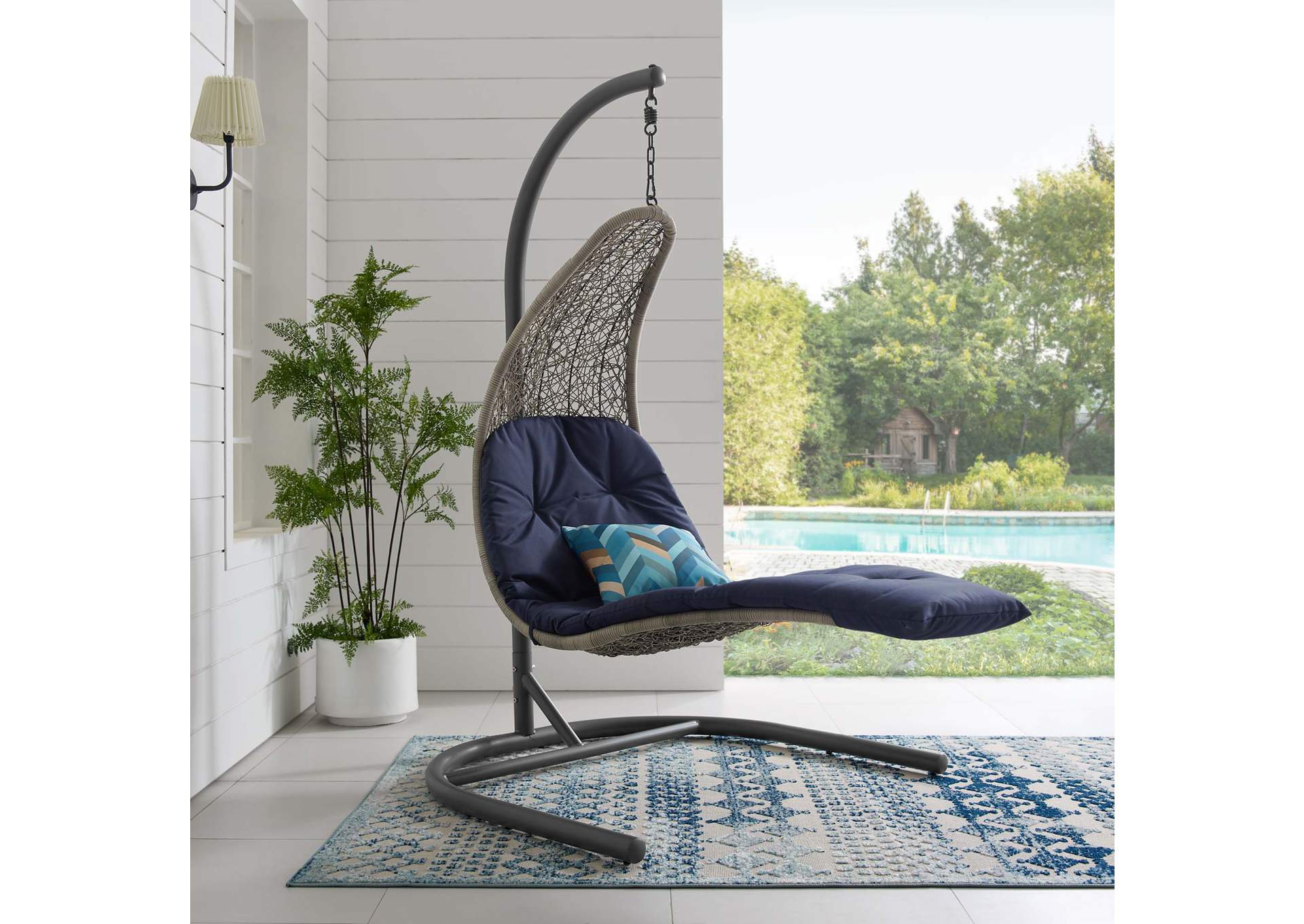 Light Gray Navy Landscape Hanging Chaise Lounge Outdoor Patio Swing Chair,Modway