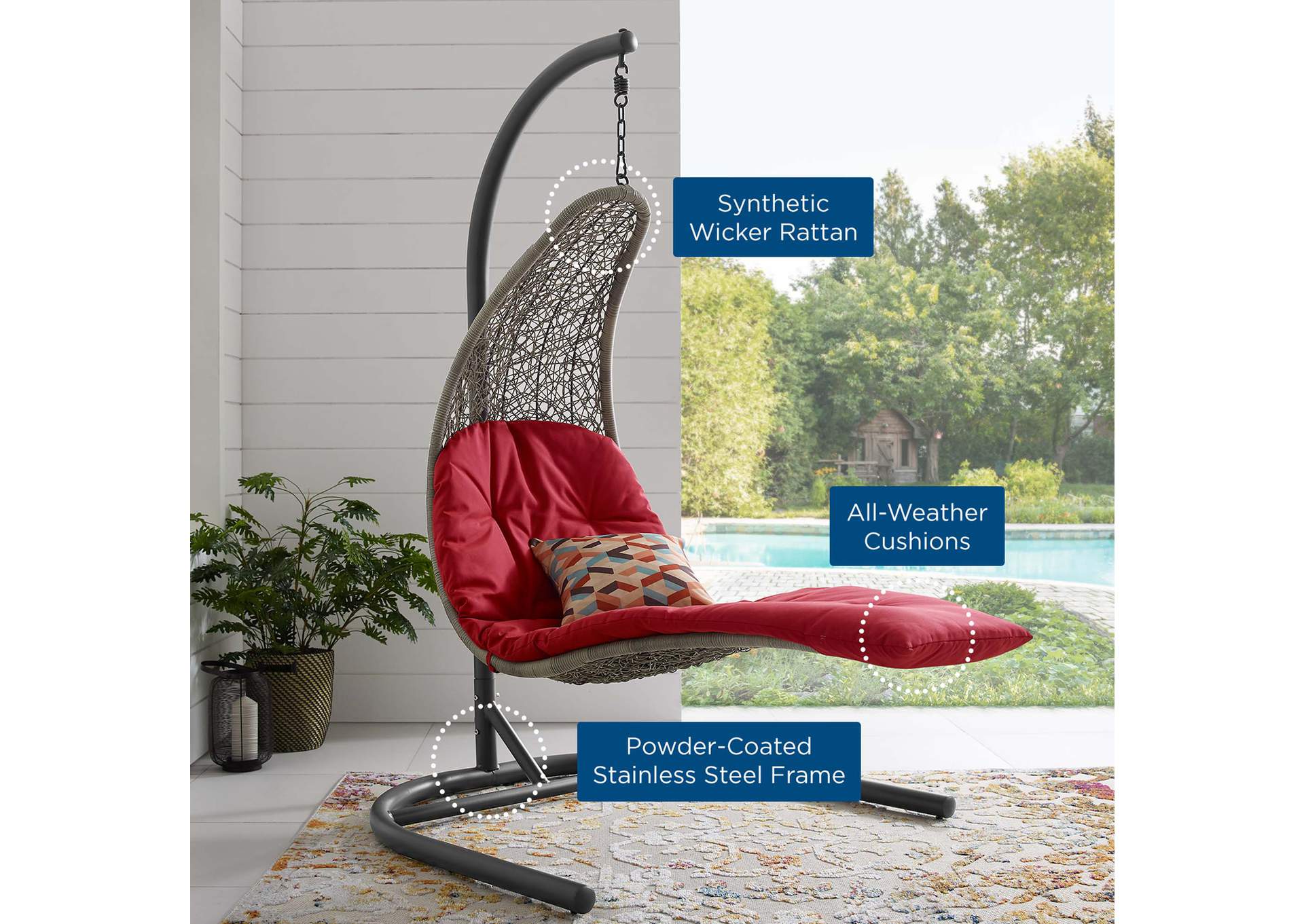 Light Gray Red Landscape Hanging Chaise Lounge Outdoor Patio Swing Chair,Modway