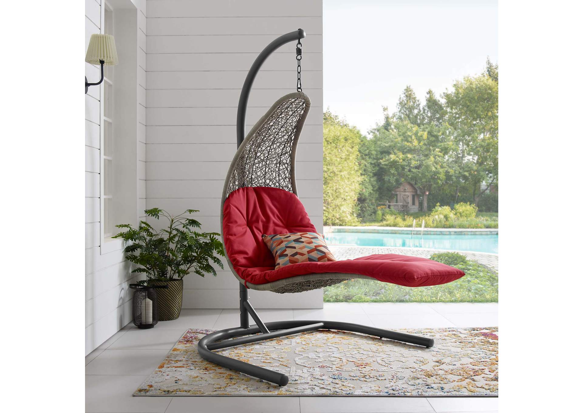 Light Gray Red Landscape Hanging Chaise Lounge Outdoor Patio Swing Chair,Modway