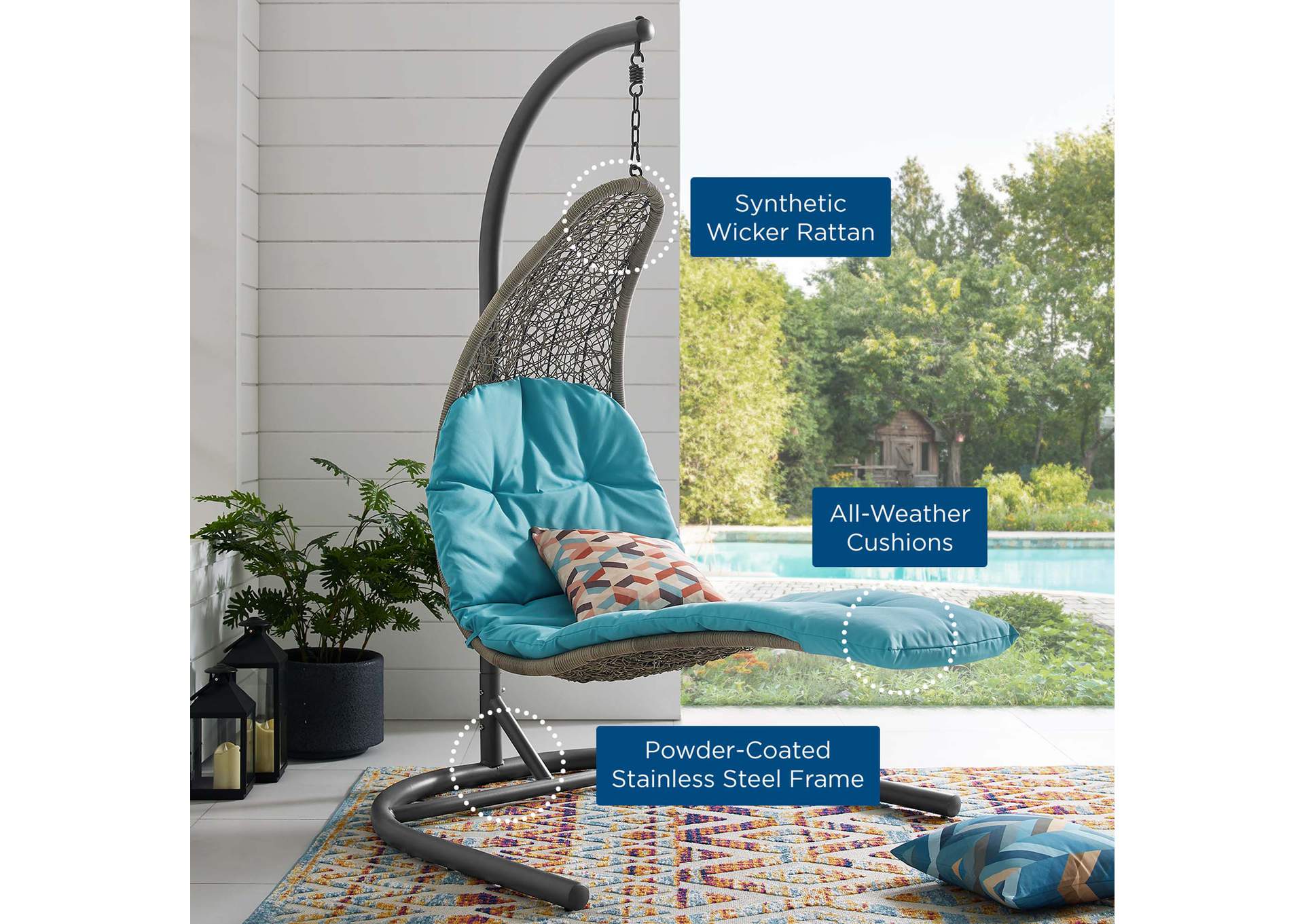 Light Gray Turquoise Landscape Hanging Chaise Lounge Outdoor Patio Swing Chair,Modway
