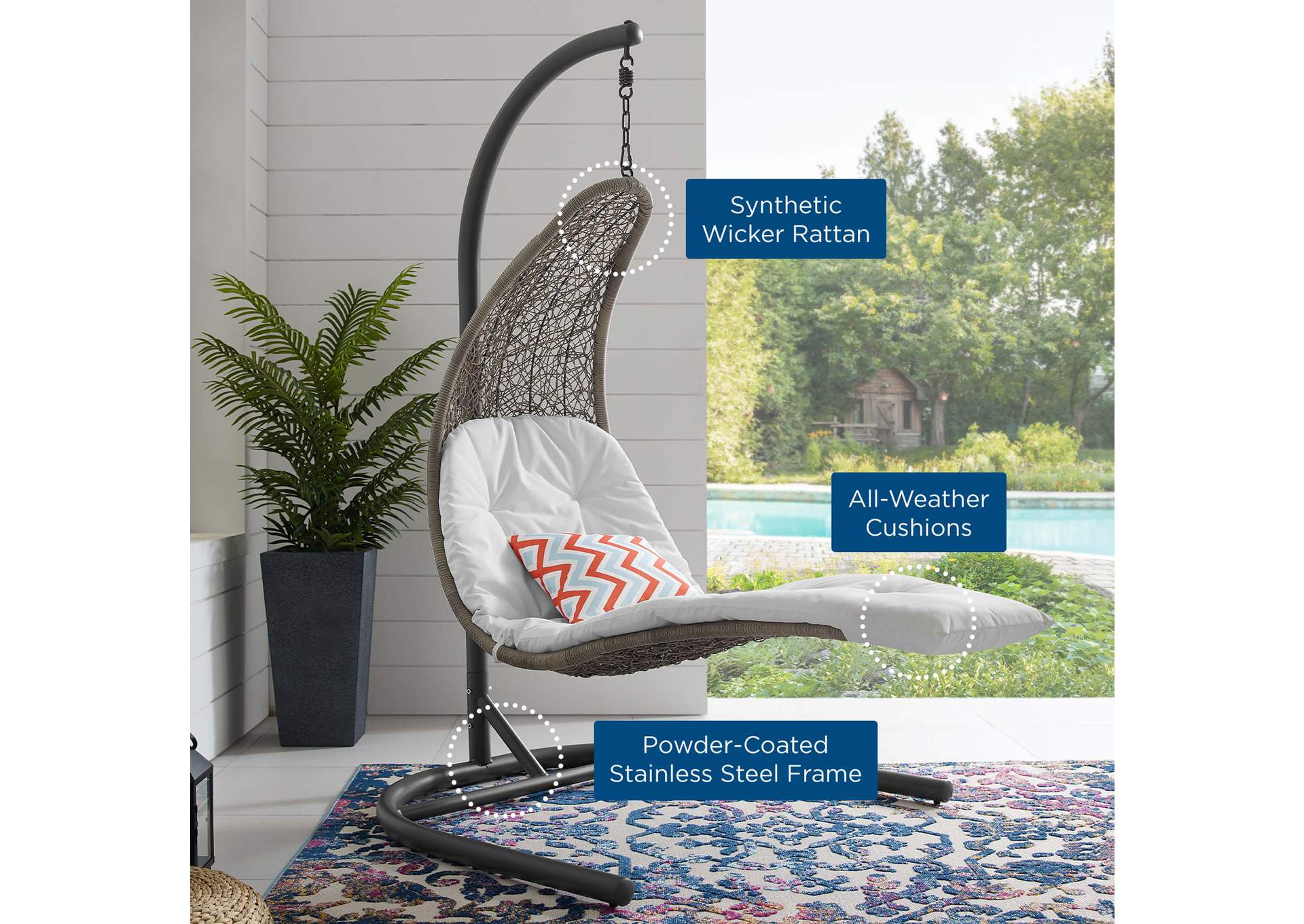Light Gray White Landscape Hanging Chaise Lounge Outdoor Patio Swing Chair,Modway