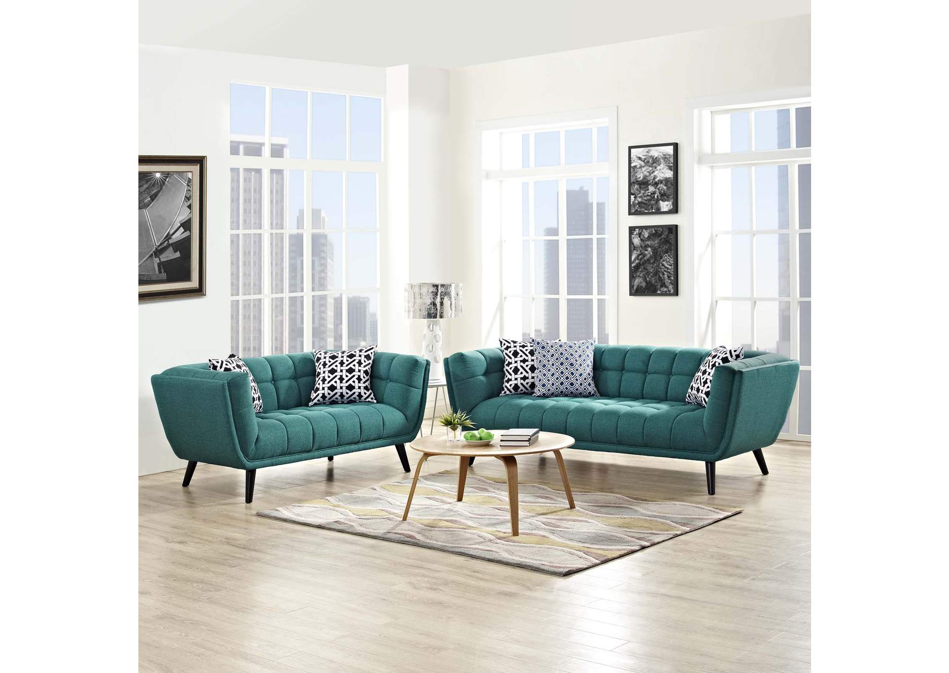 Teal Bestow 2 Piece Upholstered Fabric Sofa and Loveseat Set,Modway