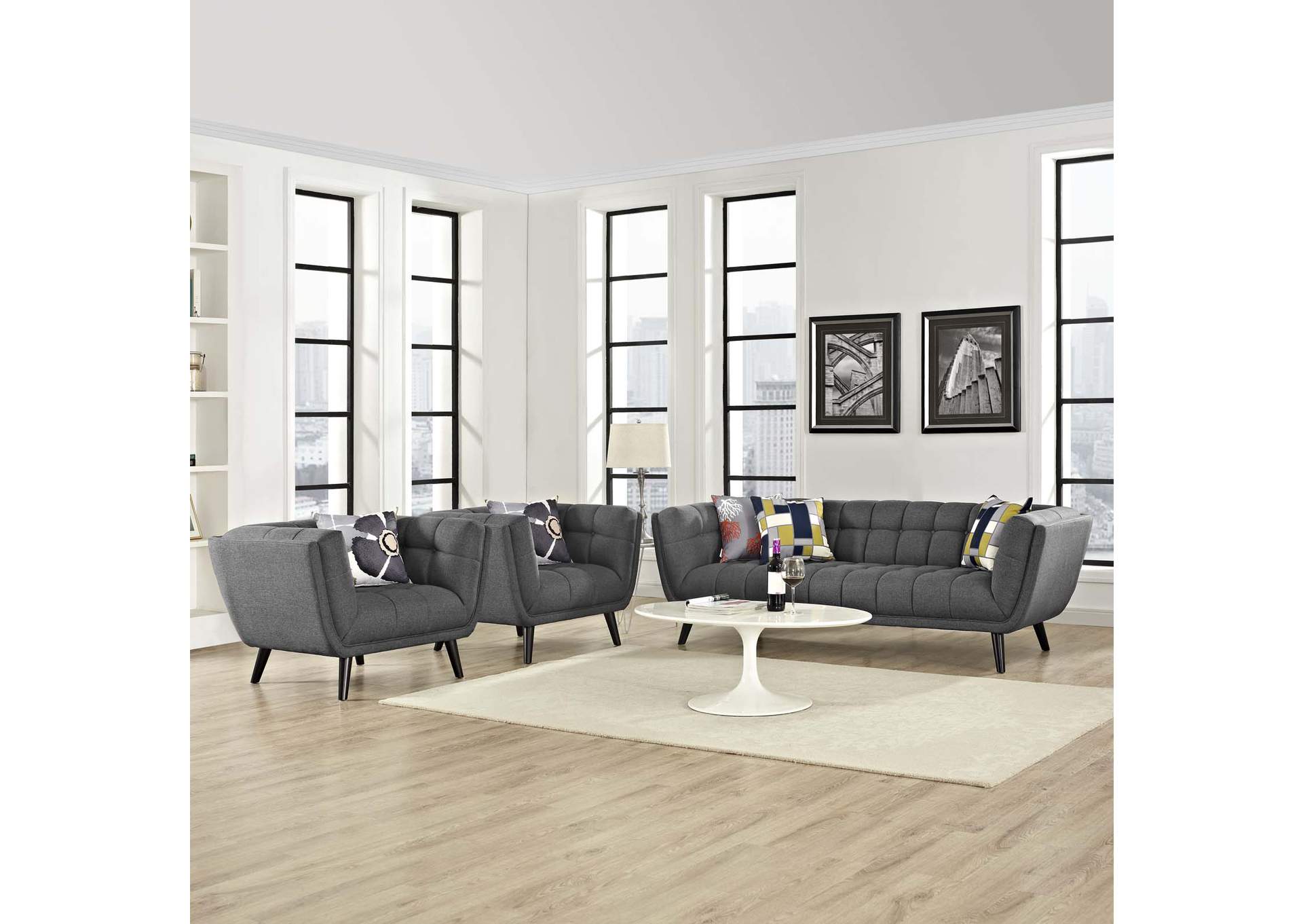 Gray Bestow 3 Piece Upholstered Fabric Sofa and Armchair Set,Modway