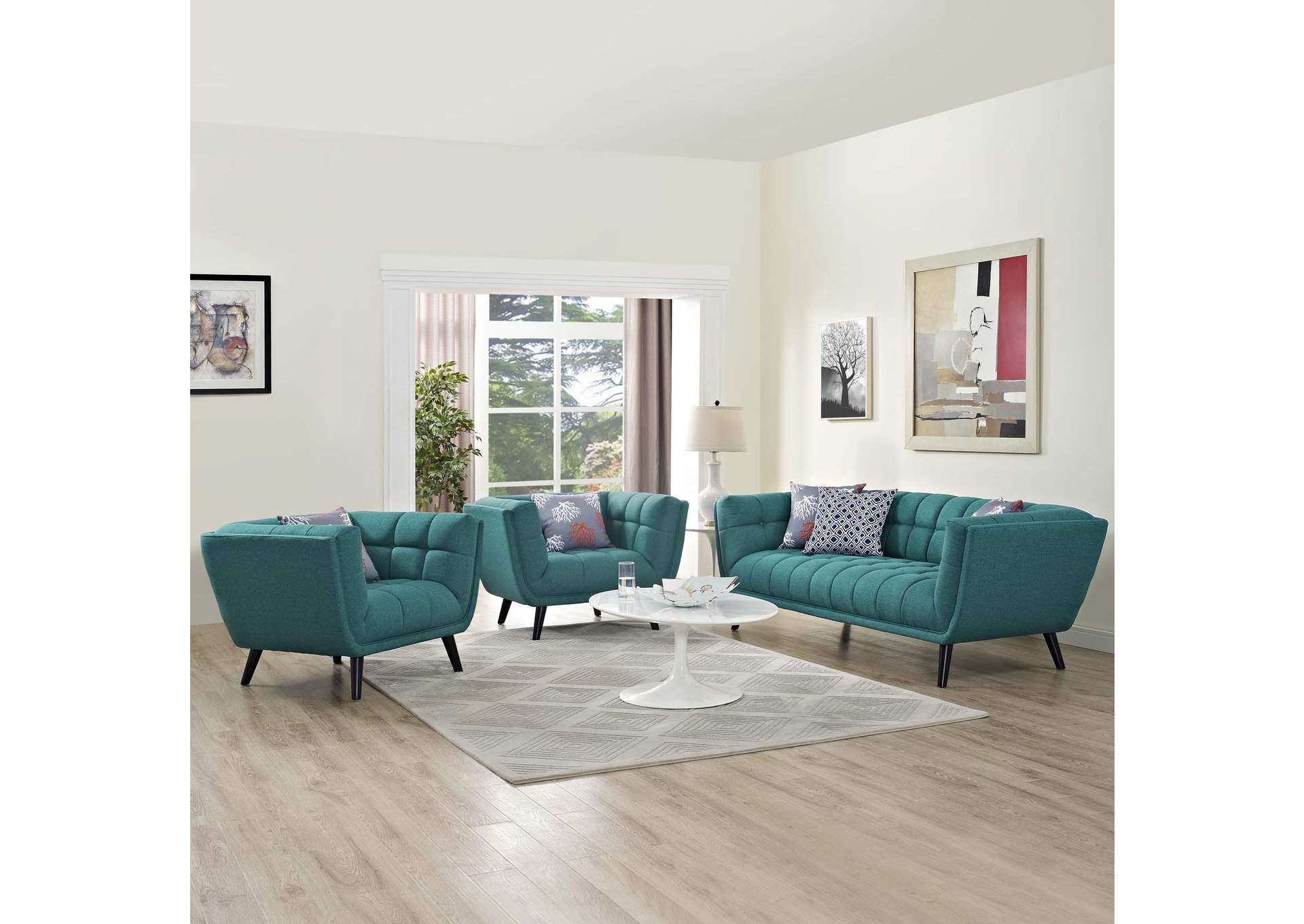 Teal Bestow 3 Piece Upholstered Fabric Sofa and Armchair Set,Modway