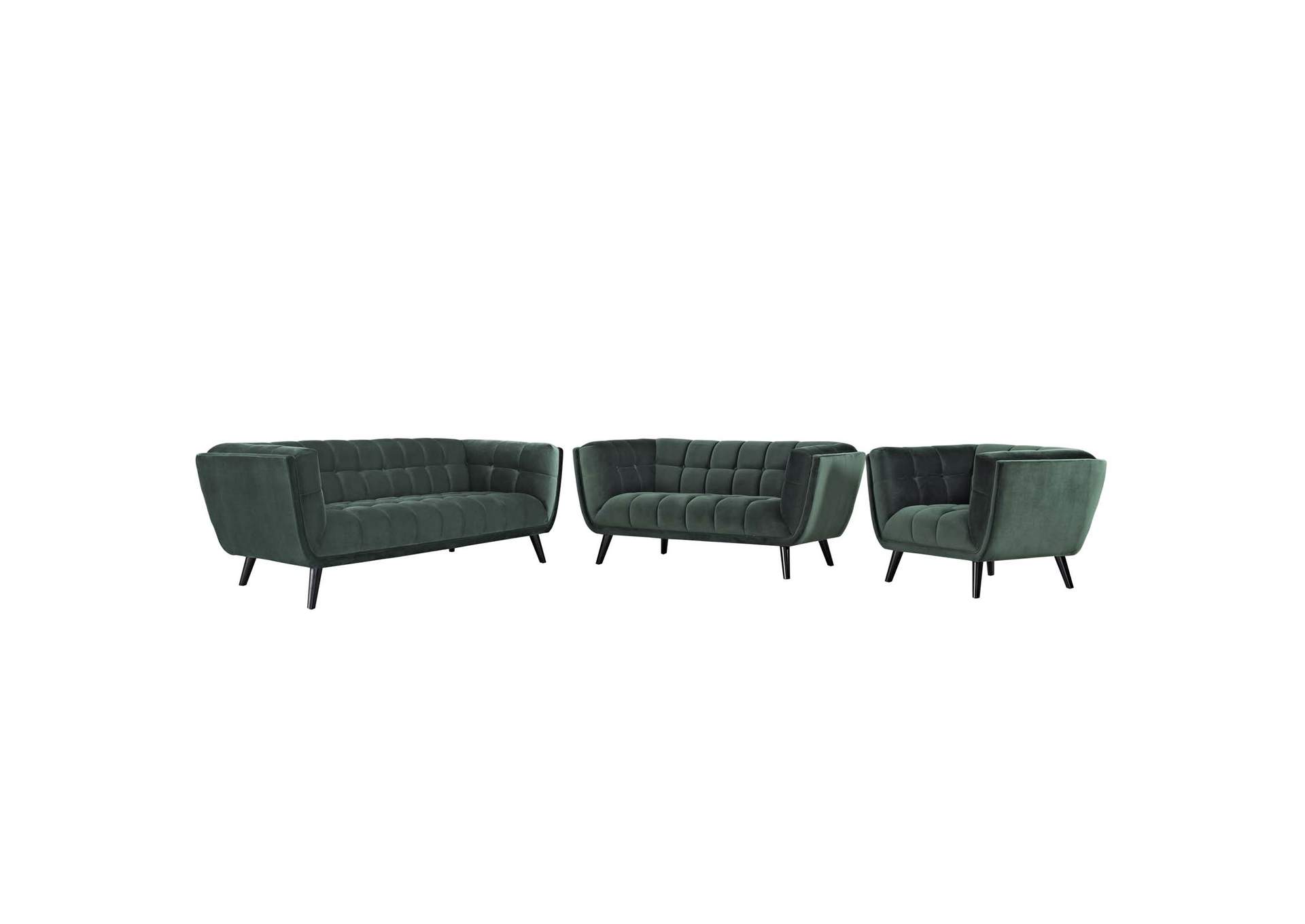 Green Bestow 3 Piece Performance Velvet Sofa Loveseat and Armchair Set,Modway