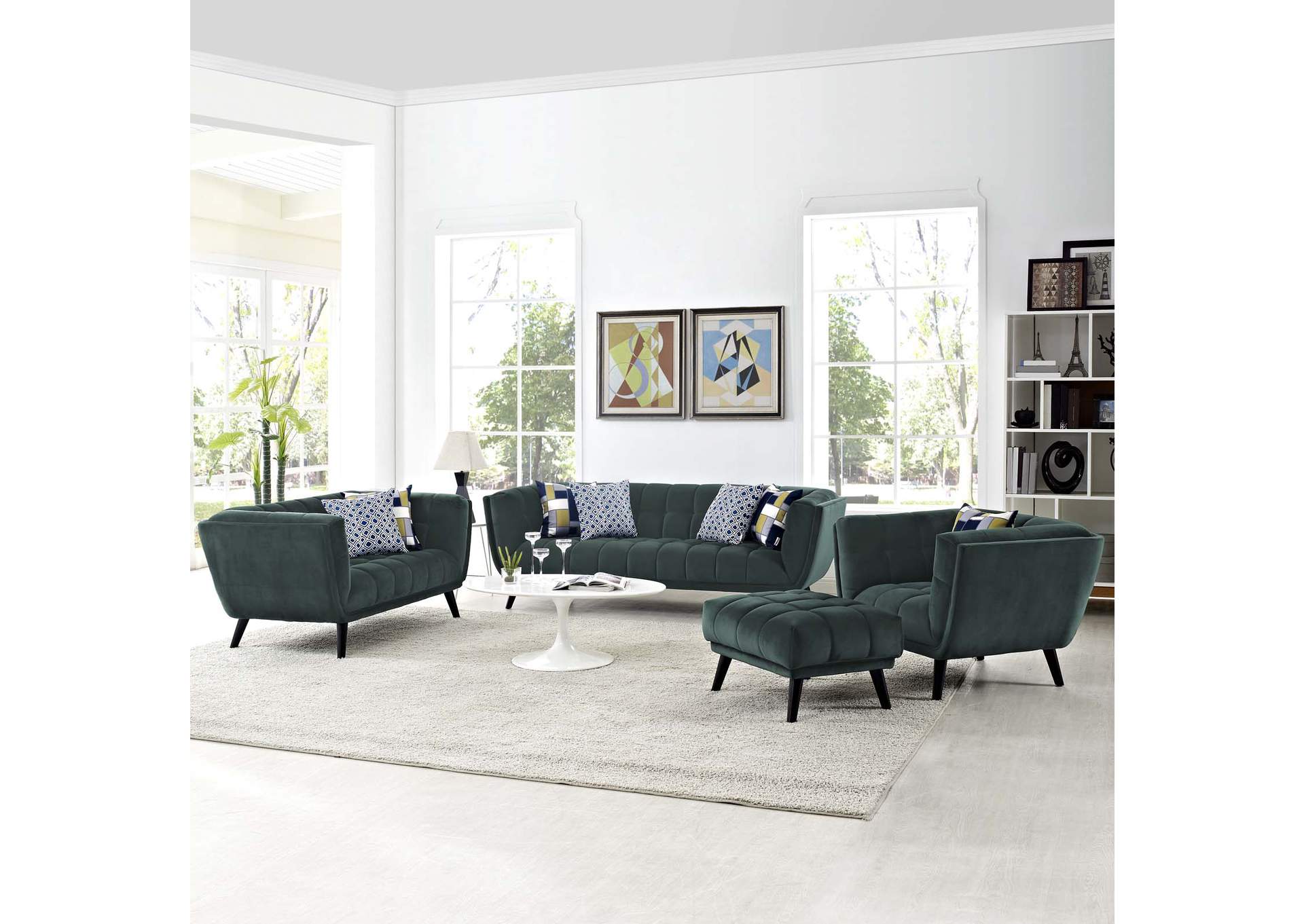 Green Bestow 3 Piece Performance Velvet Sofa Loveseat and Armchair Set,Modway