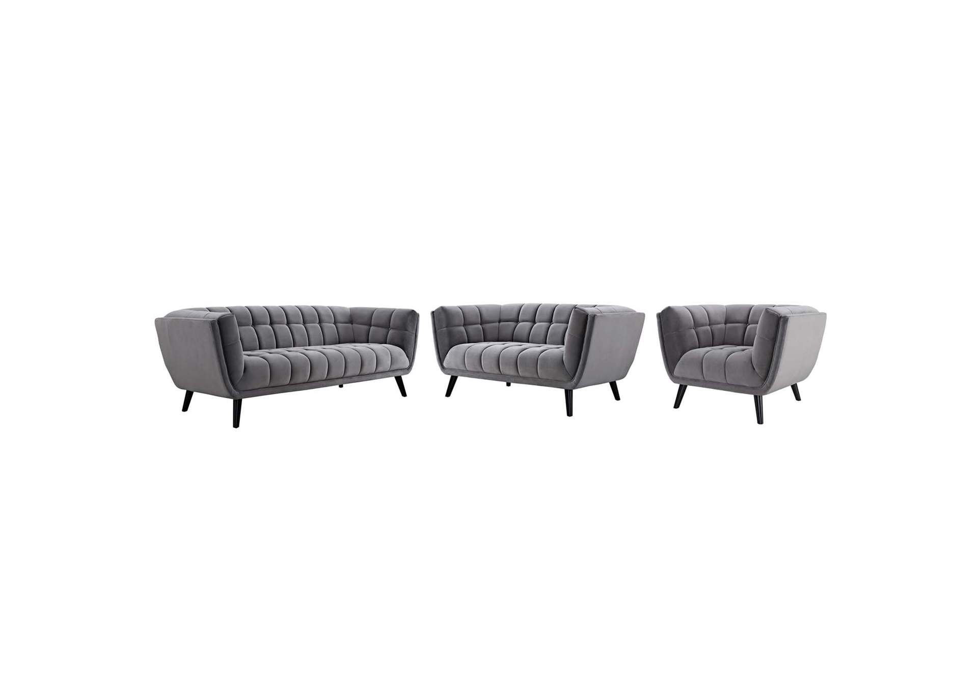 Gray Bestow 3 Piece Performance Velvet Sofa Loveseat and Armchair Set,Modway