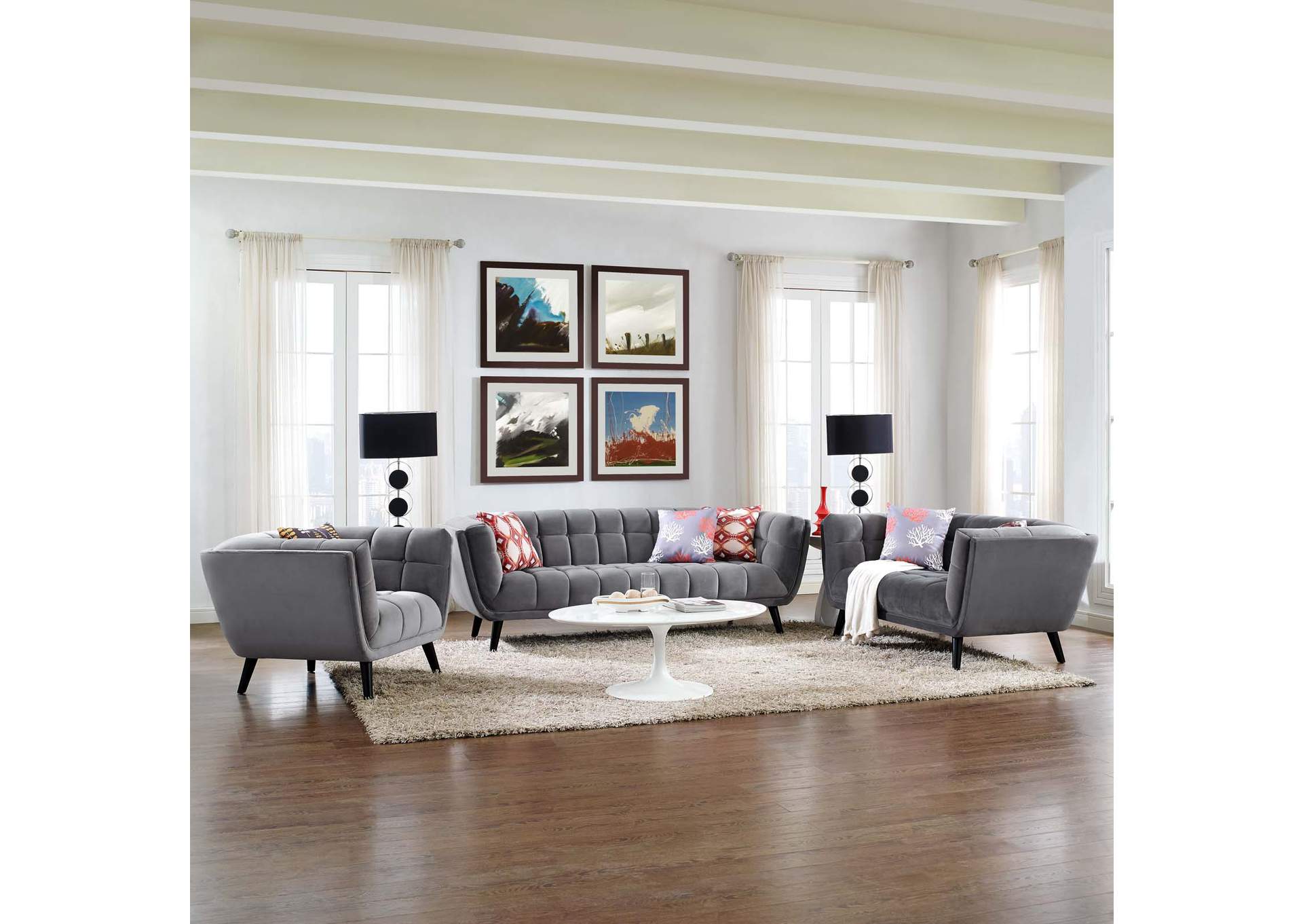 Gray Bestow 3 Piece Performance Velvet Sofa Loveseat and Armchair Set,Modway