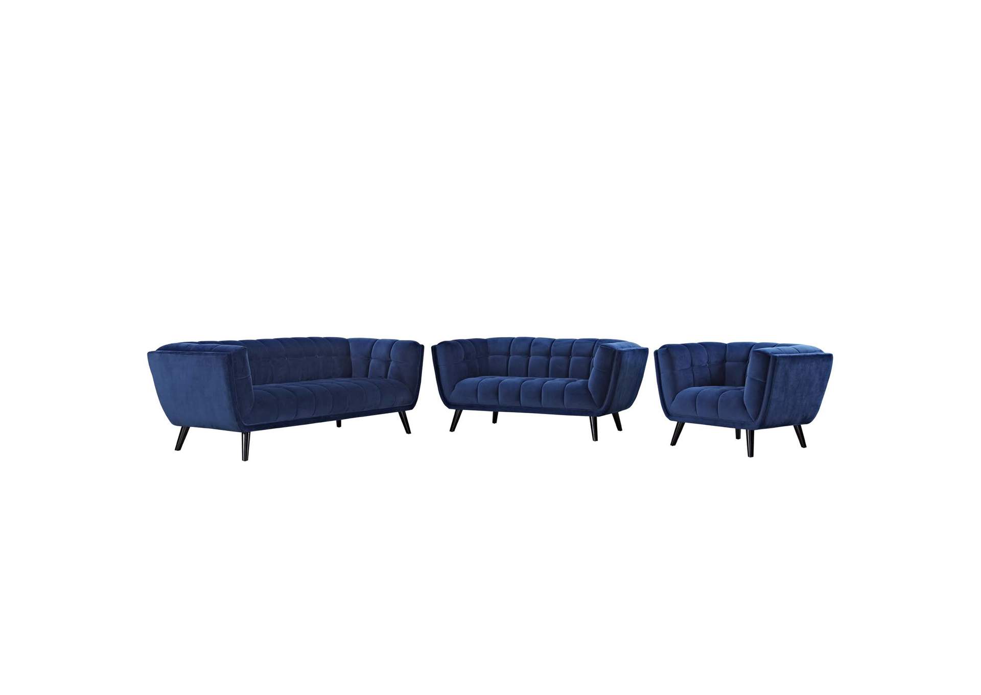 Navy Bestow 3 Piece Performance Velvet Sofa Loveseat and Armchair Set,Modway