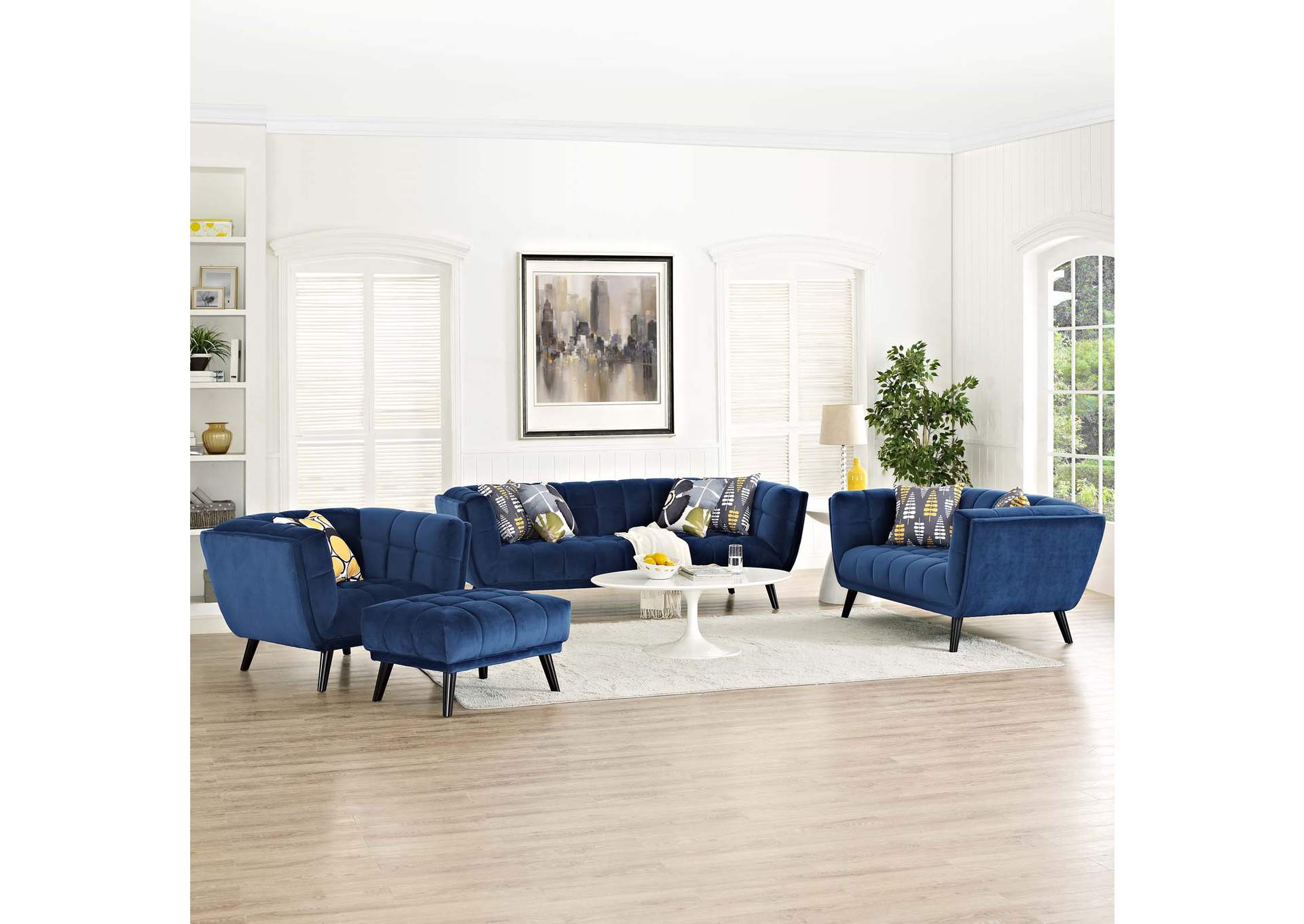 Navy Bestow 3 Piece Performance Velvet Sofa Loveseat and Armchair Set,Modway