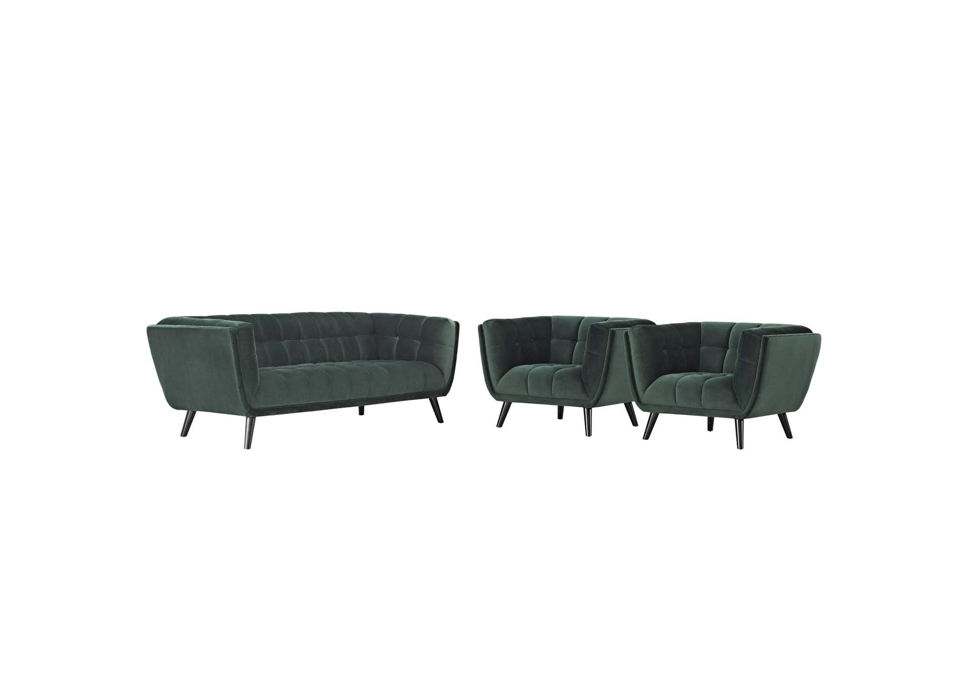 Green Bestow 3 Piece Performance Velvet Sofa and Armchair Set,Modway