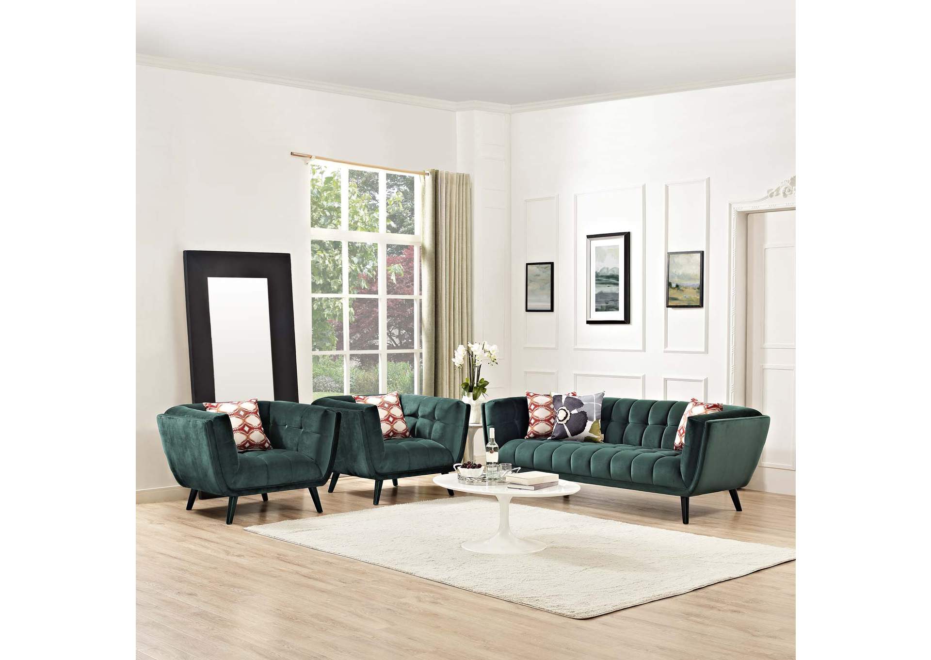 Green Bestow 3 Piece Performance Velvet Sofa and Armchair Set,Modway