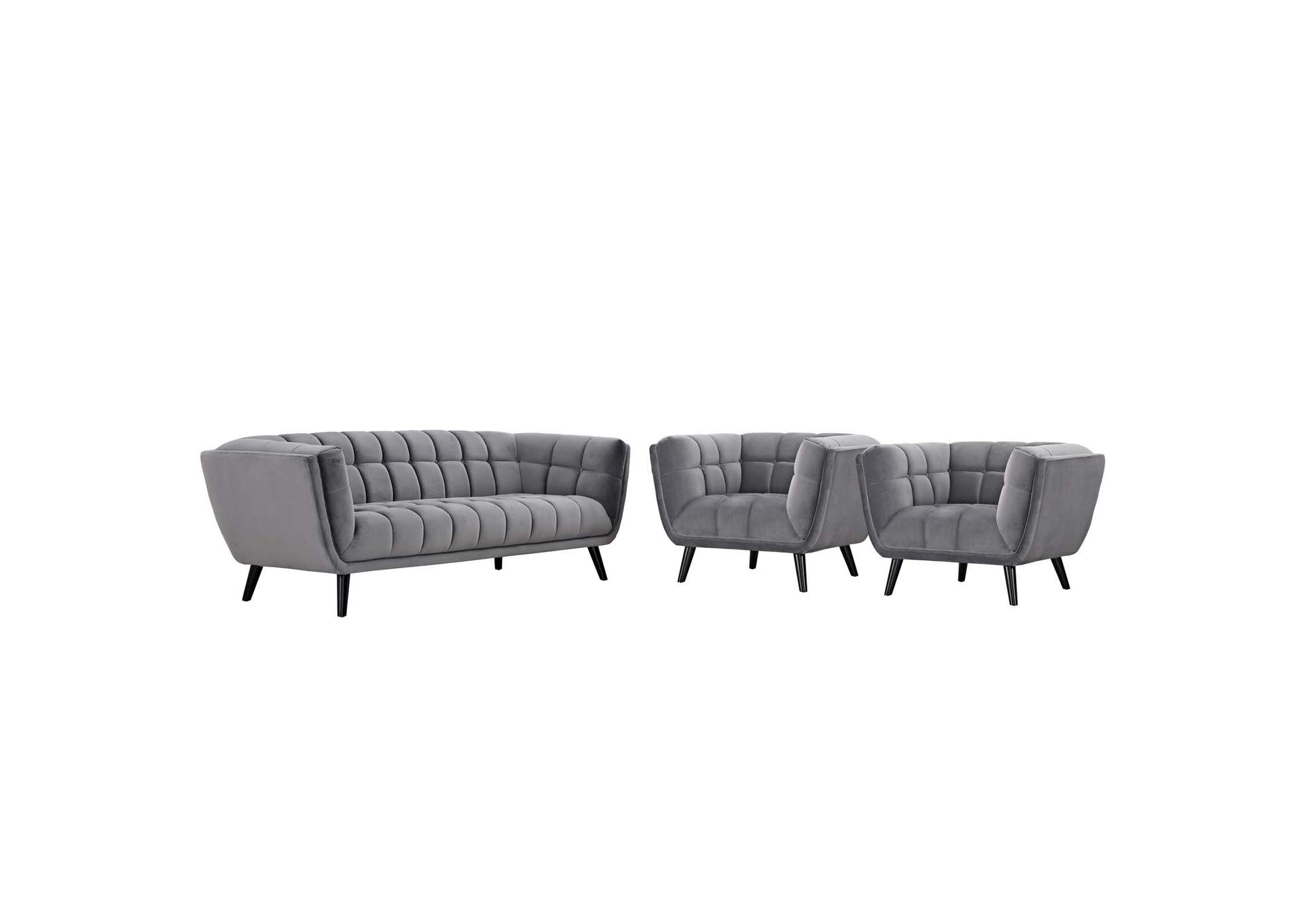 Gray Bestow 3 Piece Performance Velvet Sofa and Armchair Set,Modway