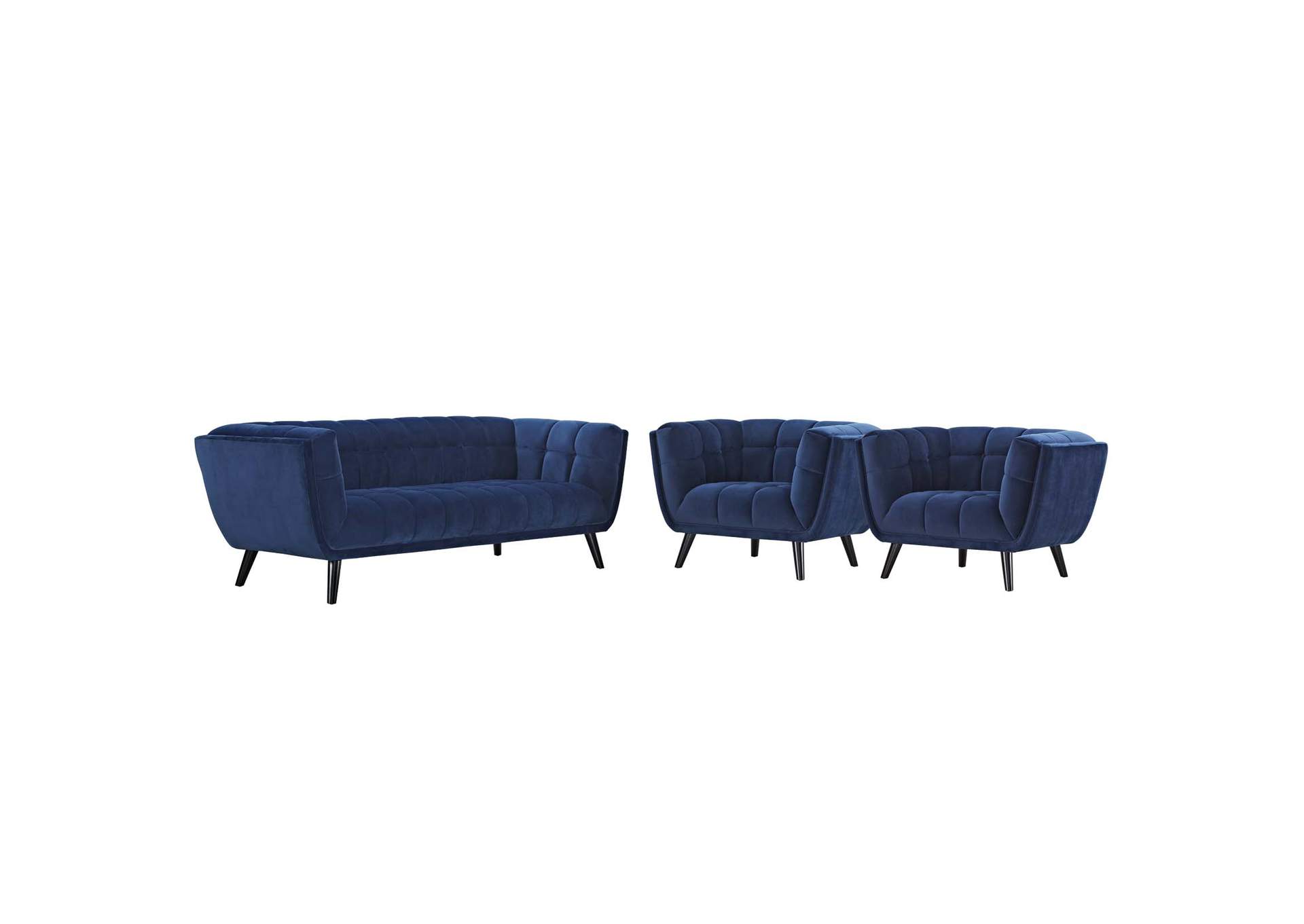 Navy Bestow 3 Piece Performance Velvet Sofa and Armchair Set,Modway