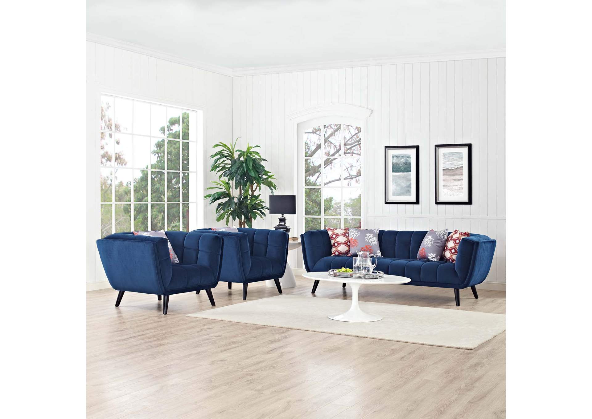 Navy Bestow 3 Piece Performance Velvet Sofa and Armchair Set,Modway