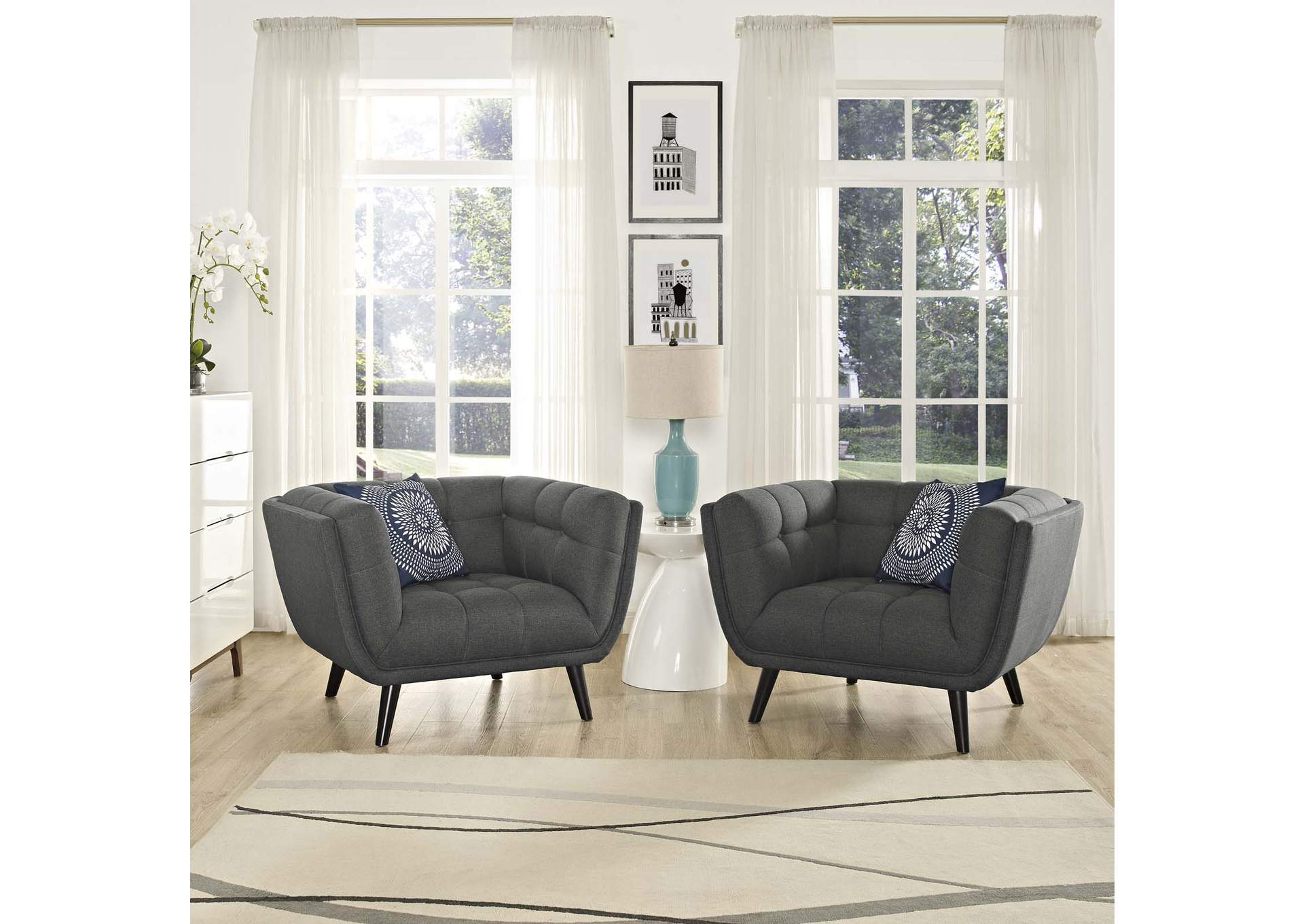 Gray Bestow 2 Piece Upholstered Fabric Arm Chair Set,Modway