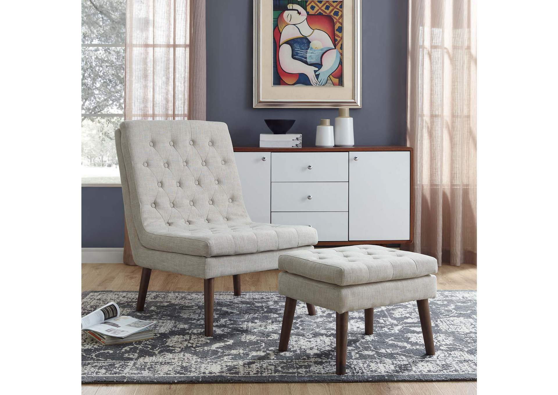 Beige Modify Upholstered Lounge Chair and Ottoman,Modway