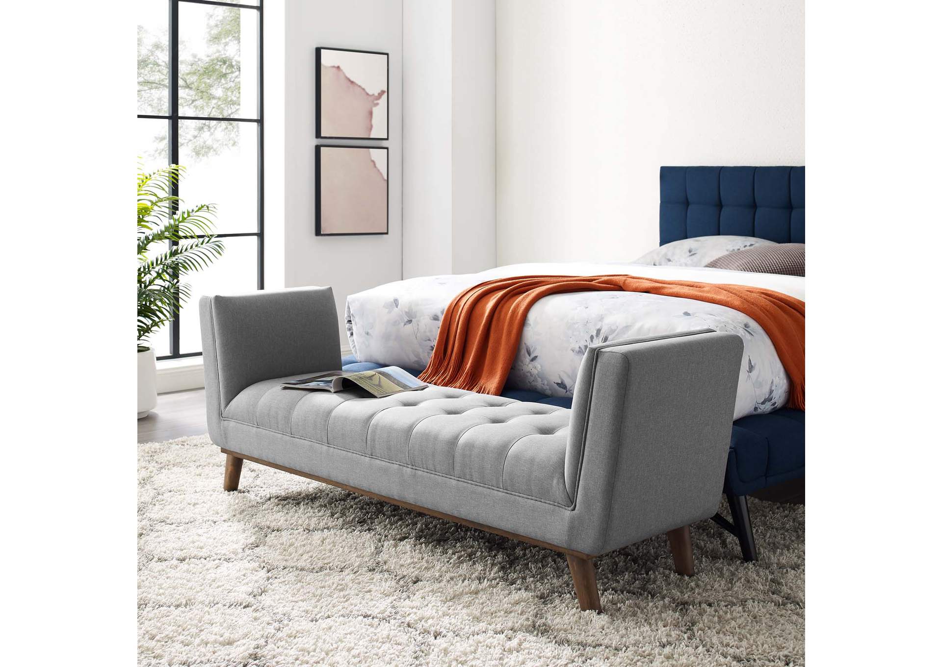 Light Gray Haven Tufted Button Upholstered Fabric Accent Bench,Modway