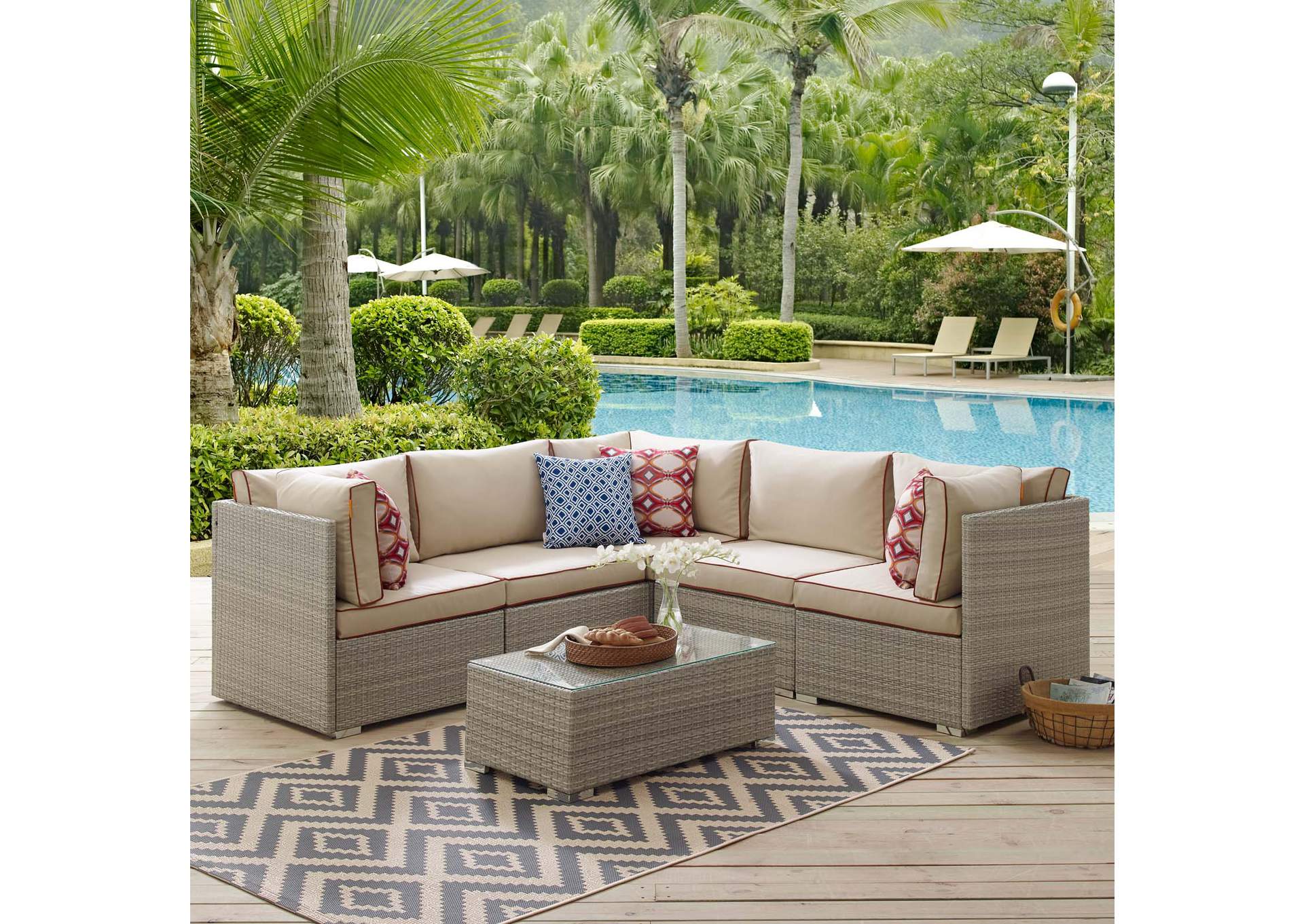 Light Gray Beige Repose 6 Piece Outdoor Patio Sectional Set,Modway