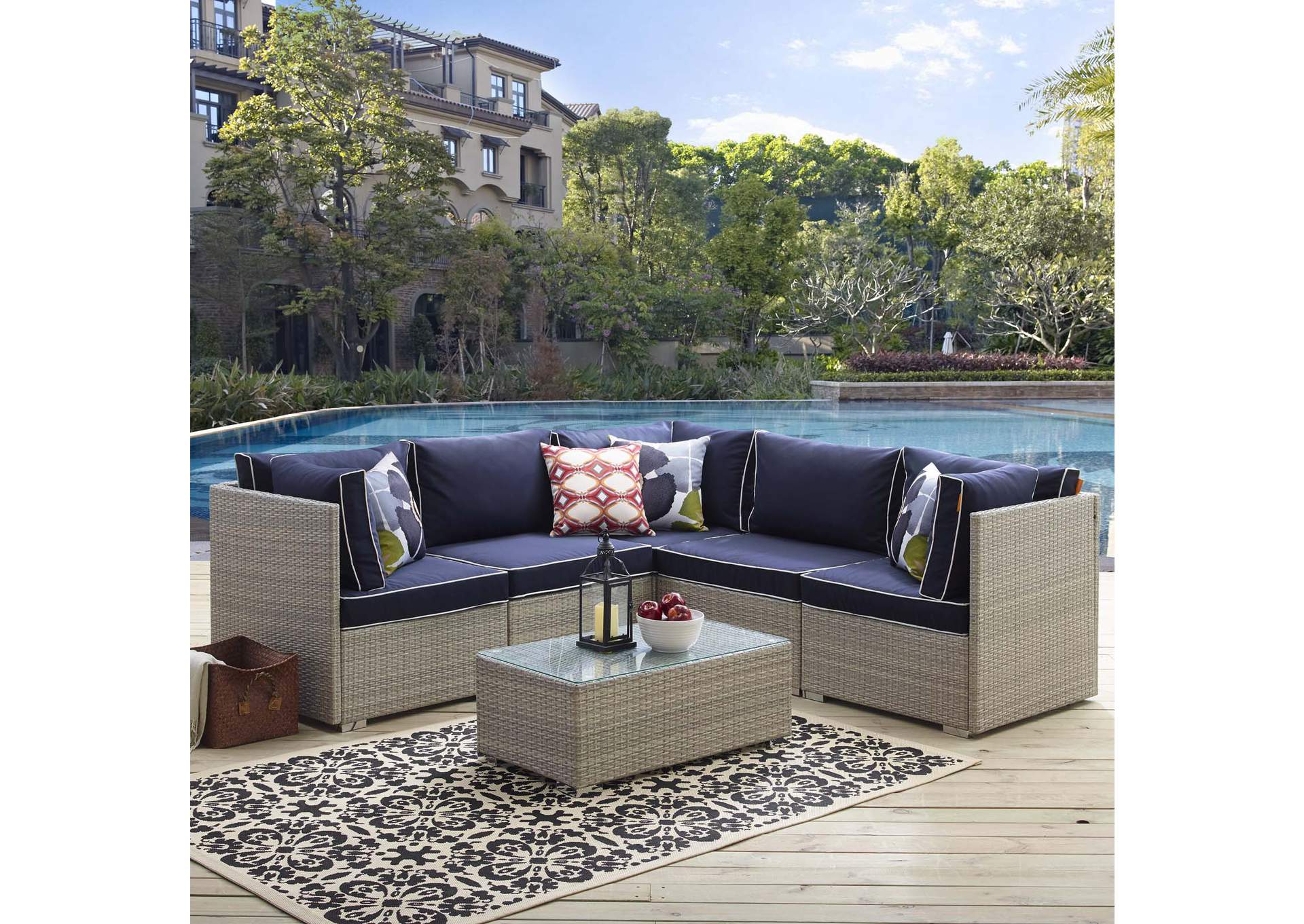 Light Gray Navy Repose 6 Piece Outdoor Patio Sectional Set,Modway