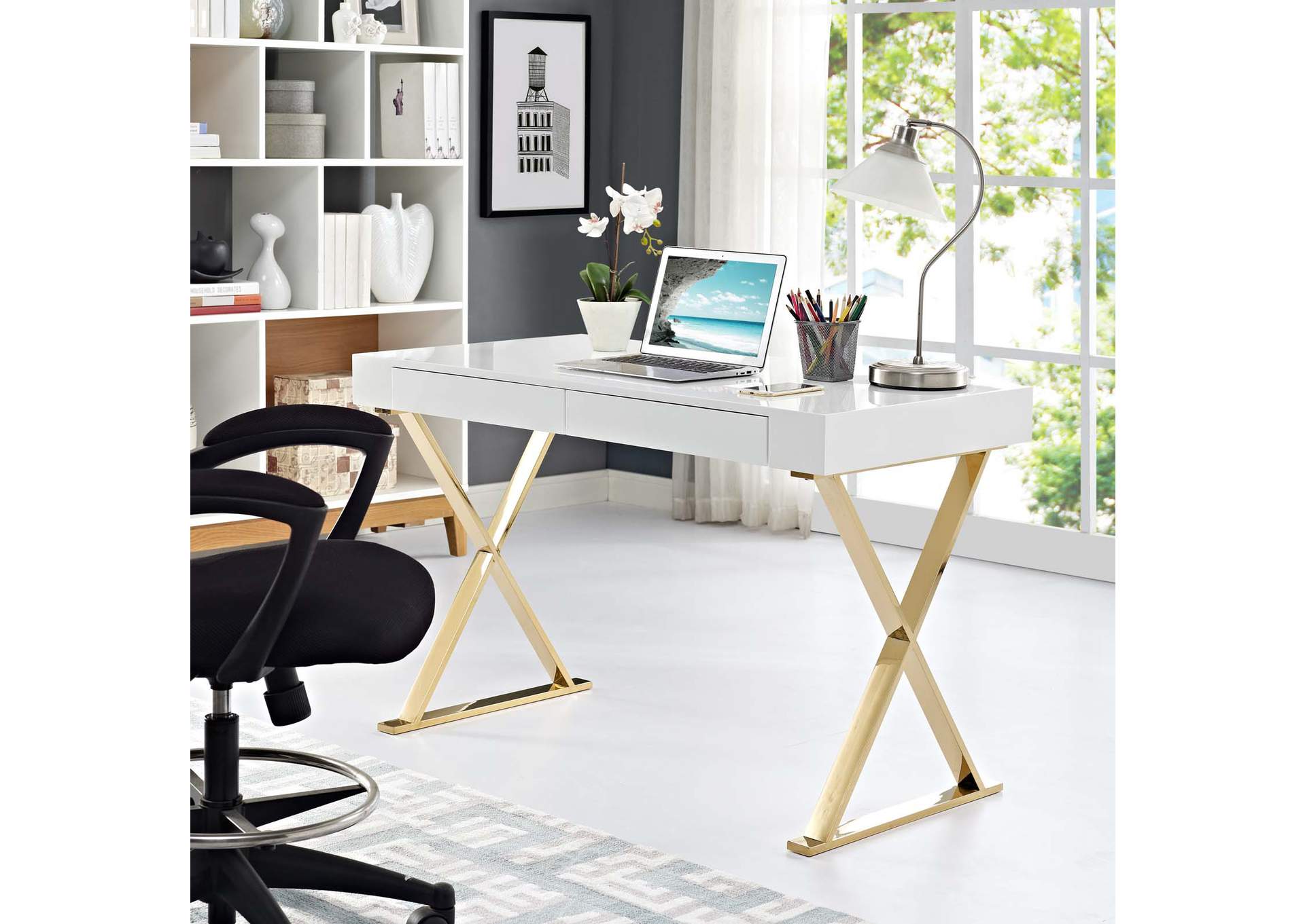 White Gold Sector Office Desk,Modway