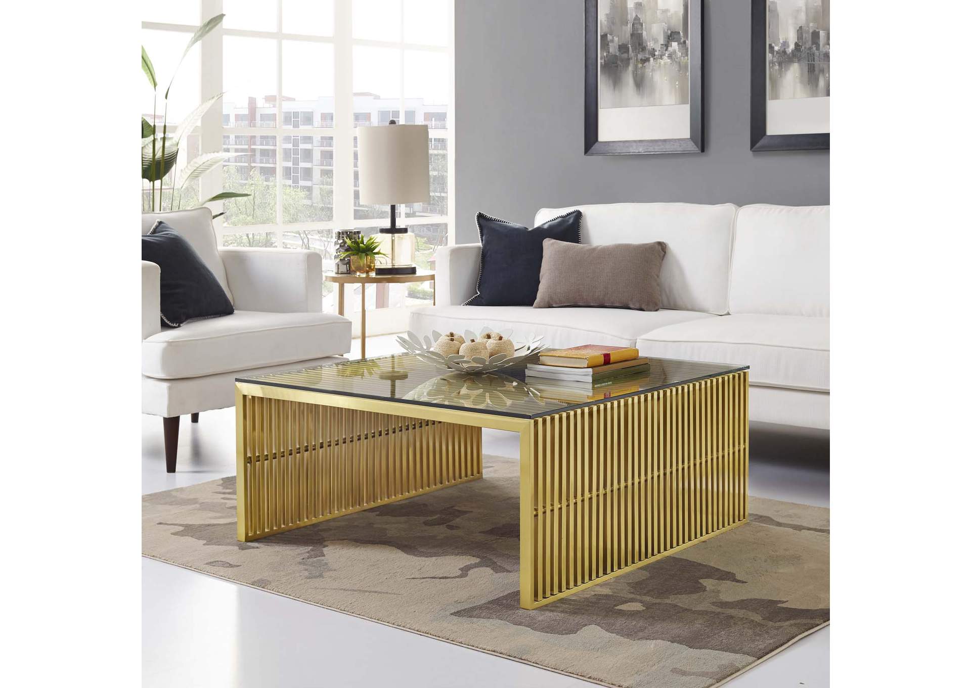 Gold Gridiron Stainless Steel Coffee Table,Modway