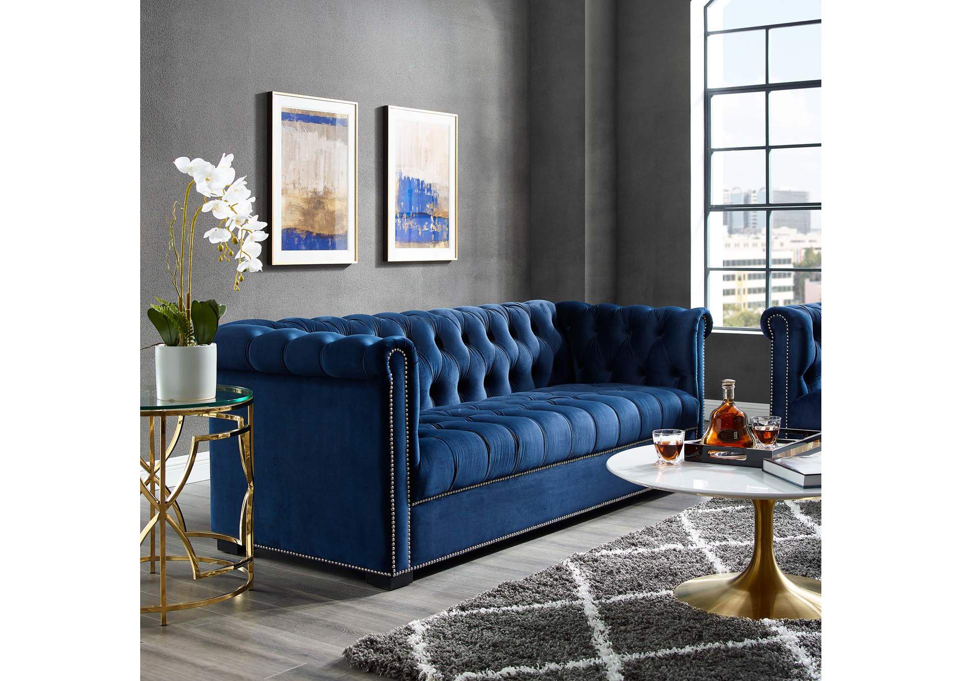 Midnight Blue Heritage Performance Velvet Sofa,Modway