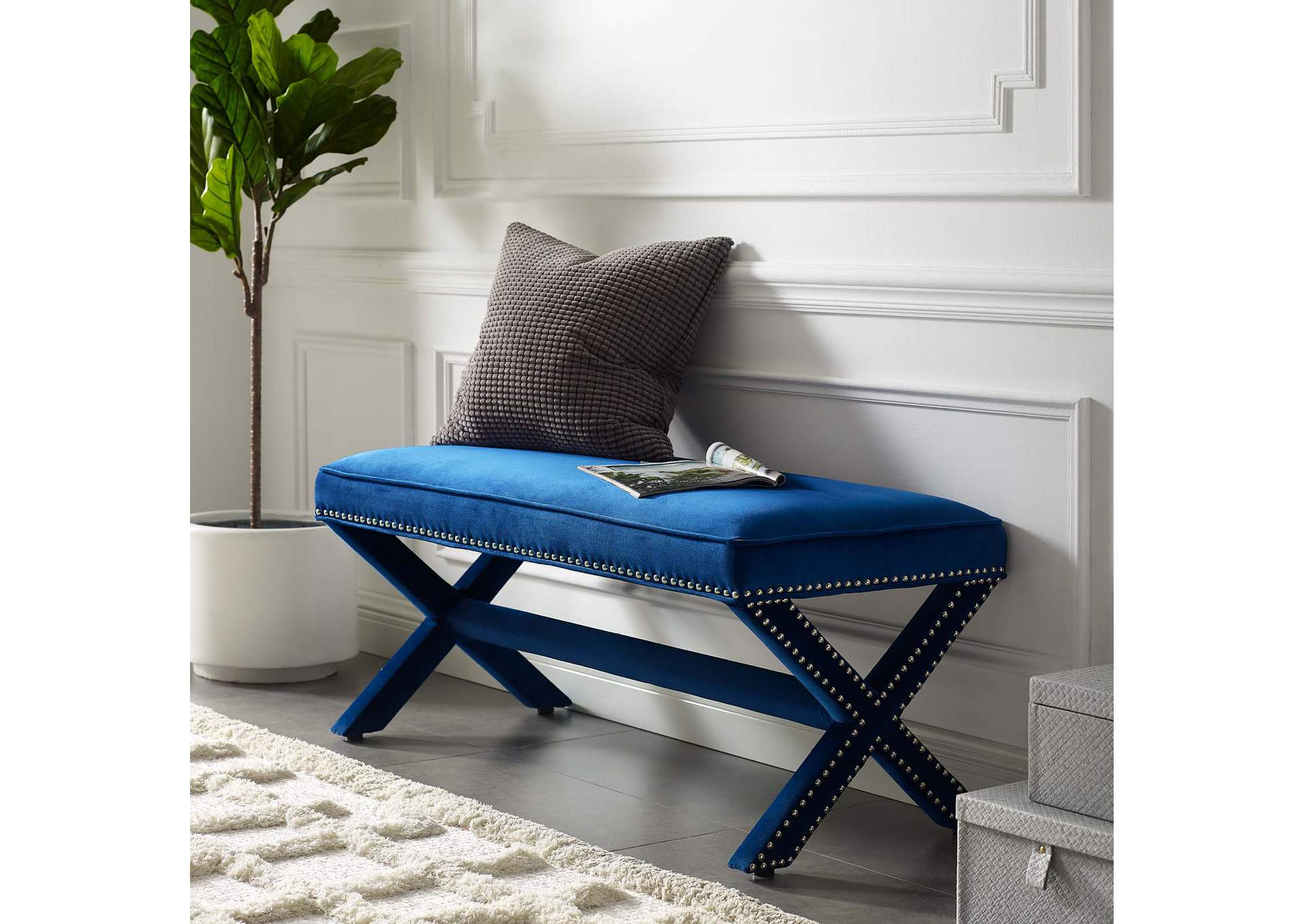 Navy Rivet Performance Velvet Bench,Modway