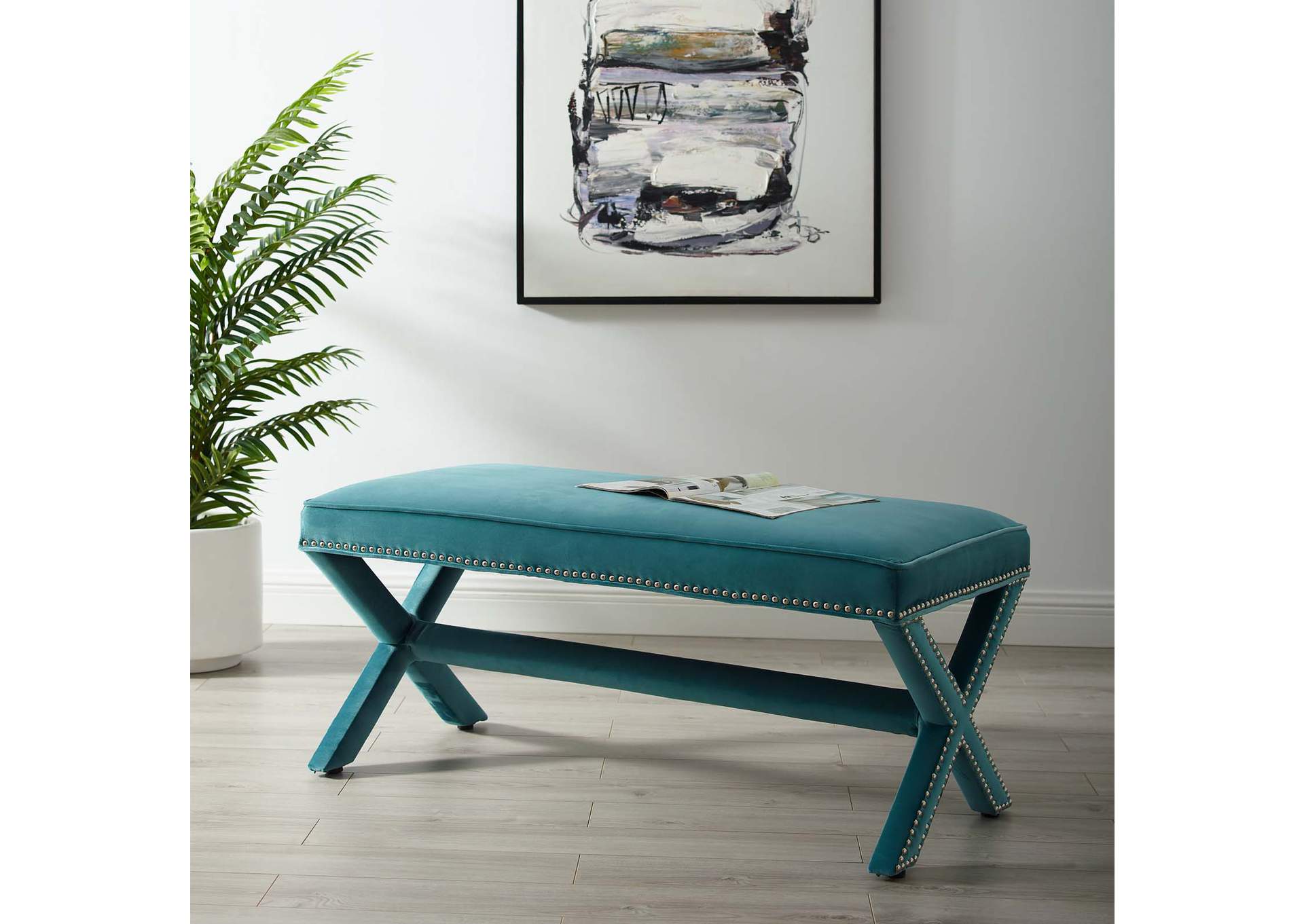 Sea Blue Rivet Performance Velvet Bench,Modway