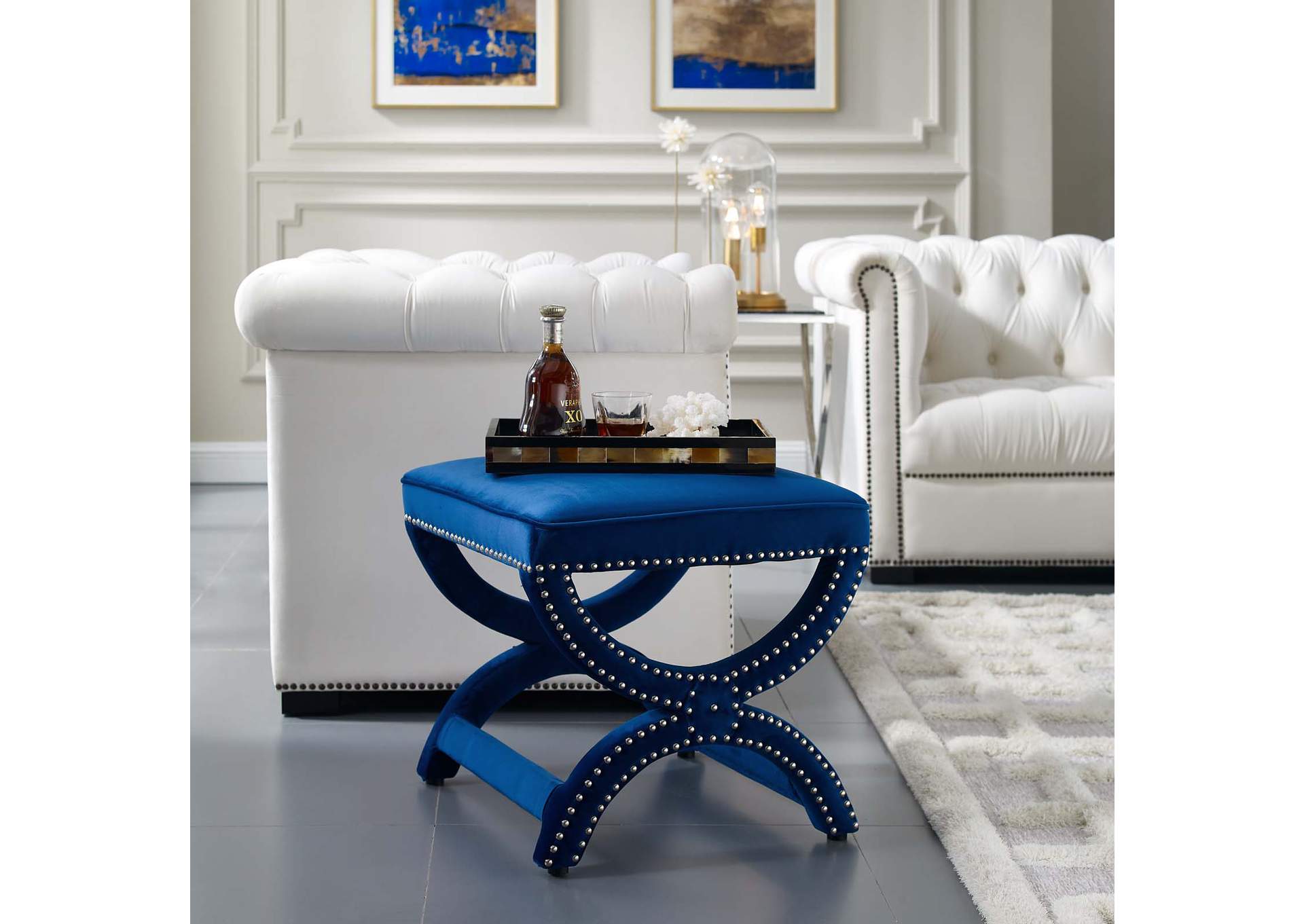Navy Expound Upholstered Nailhead Trim Performance Velvet Ottoman,Modway