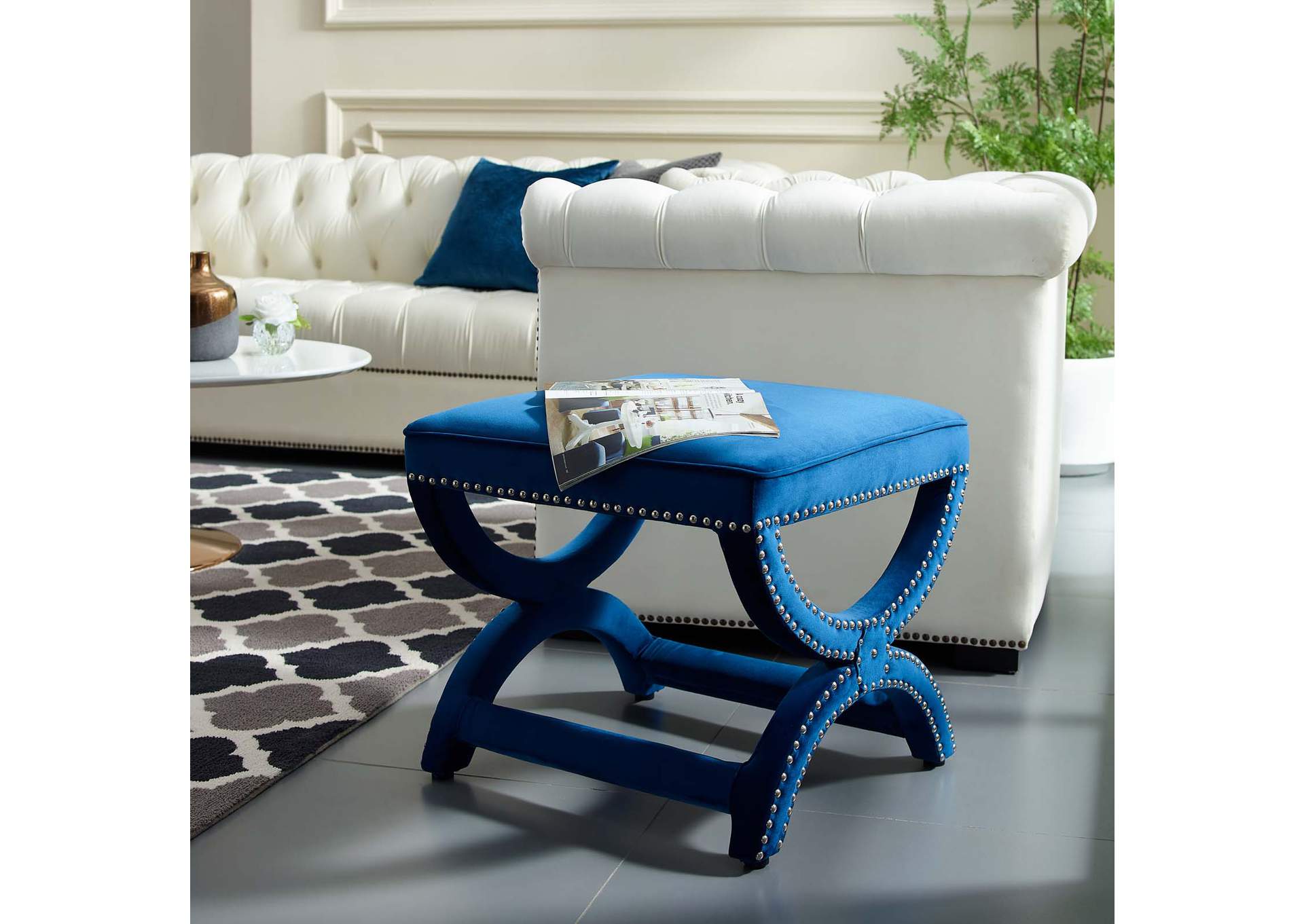 Navy Expound Upholstered Nailhead Trim Performance Velvet Ottoman,Modway