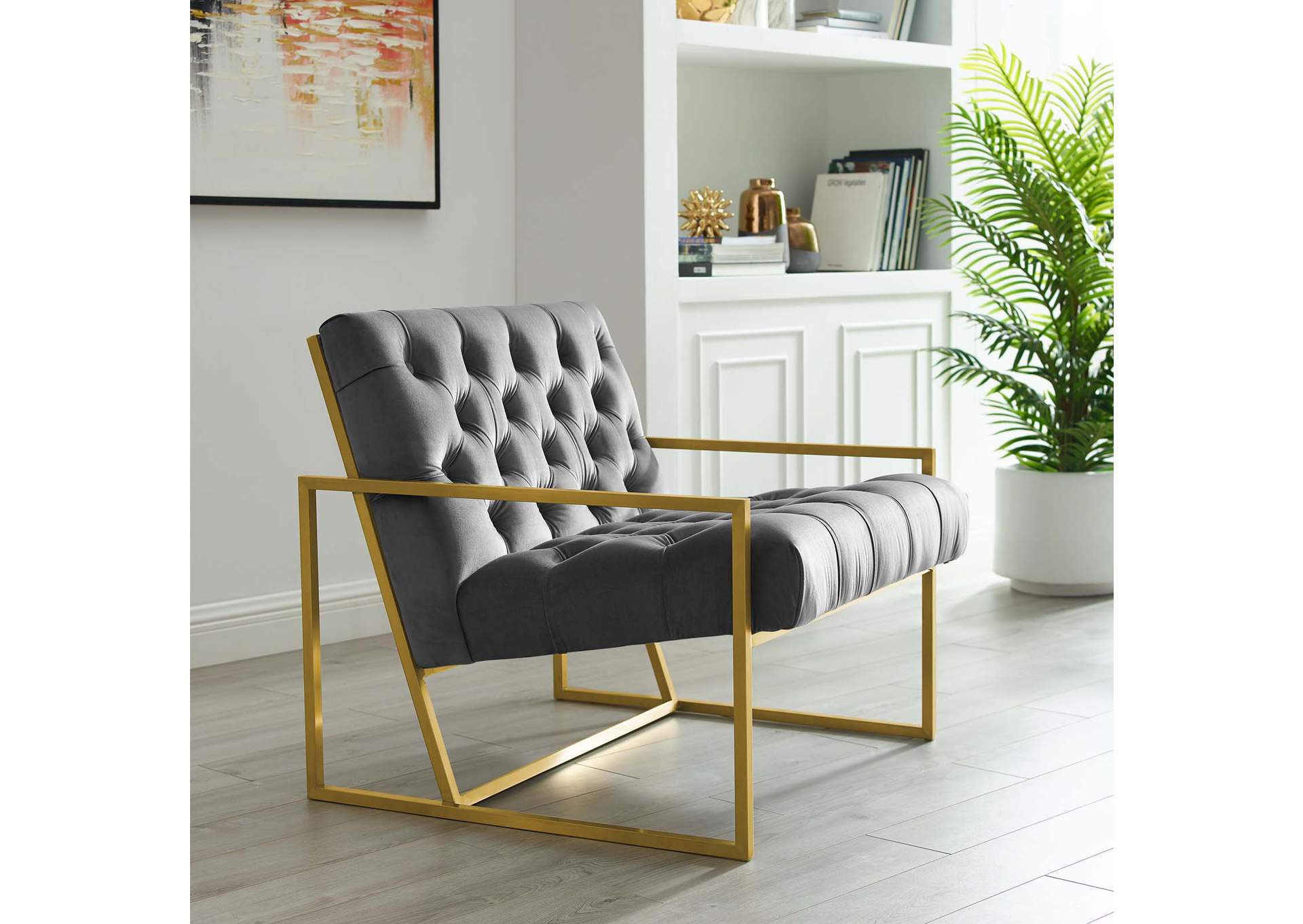 Gray Bequest Gold Stainless Steel Performance Velvet Accent Chair,Modway