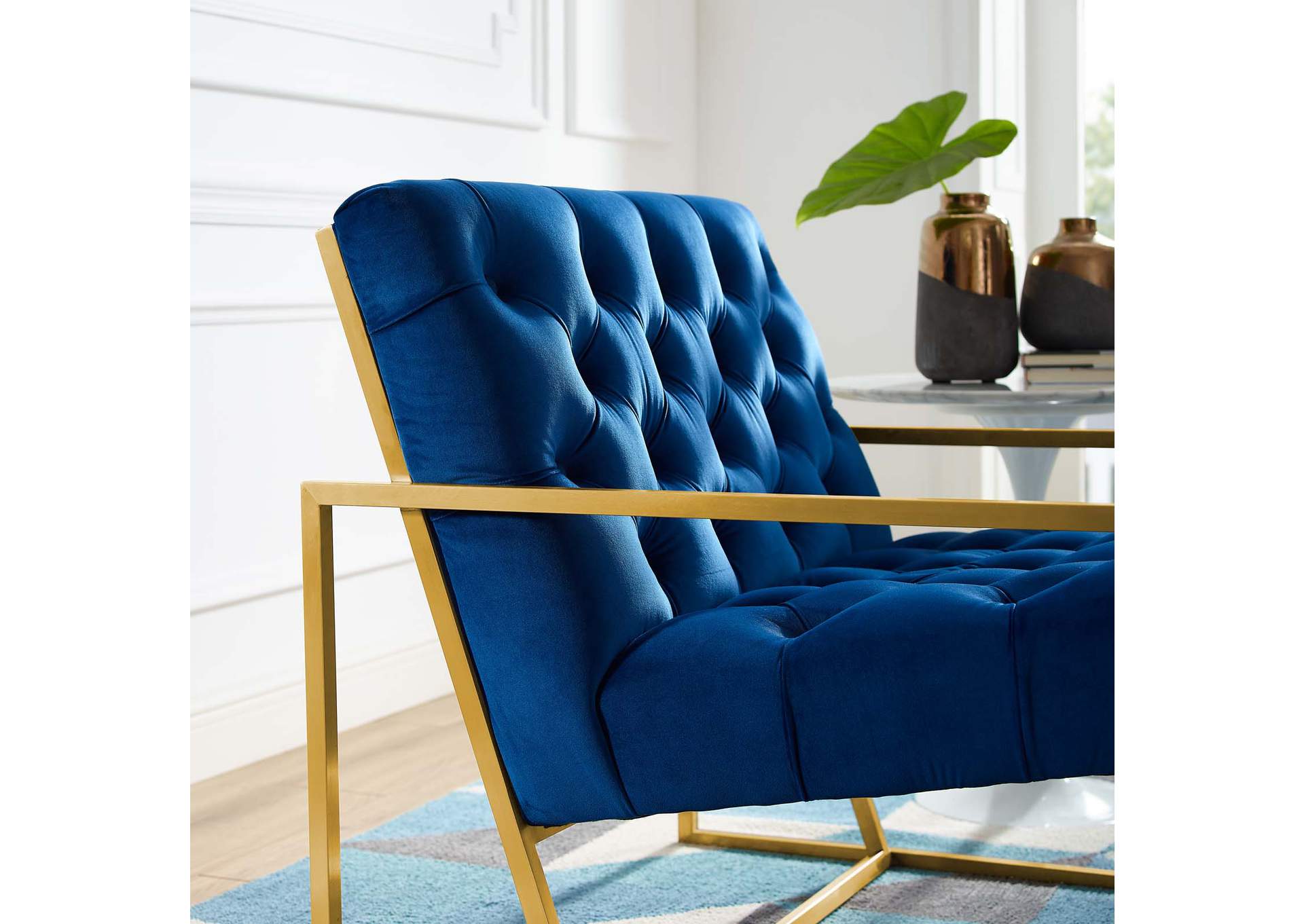 Navy Bequest Gold Stainless Steel Performance Velvet Accent Chair,Modway